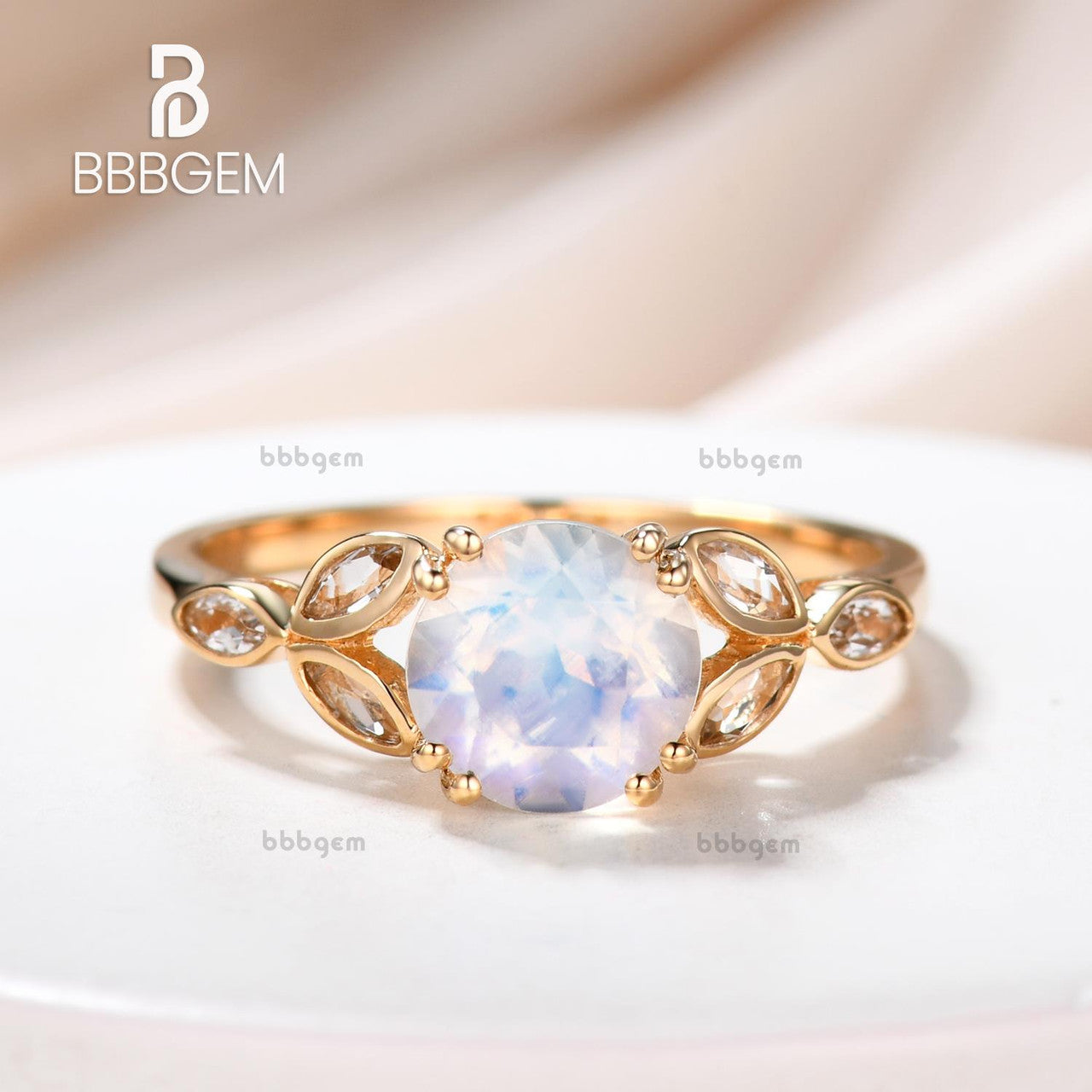6.5mm Round Cut 1 Carat Moonstone Engagement Ring with Marquise Aquamarine & Clover Leaf Sidestones - Perfect for Proposals, Weddings & Anniversary Gifts