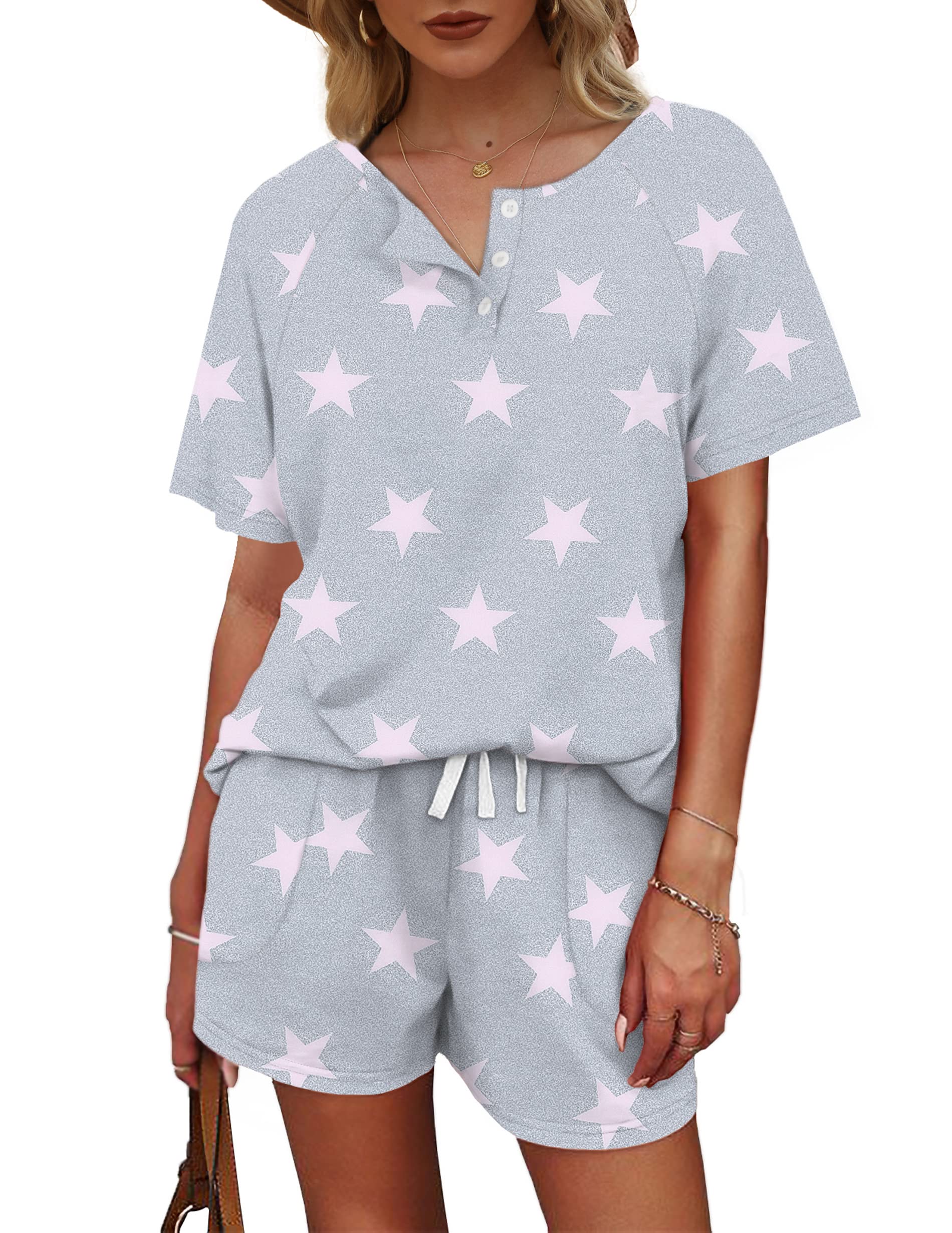 WIHOLL Women's 2-Piece Lounge Set - Button Down Top & Shorts with Pockets | Comfortable Sweatsuit for Home, Travel & Relaxation