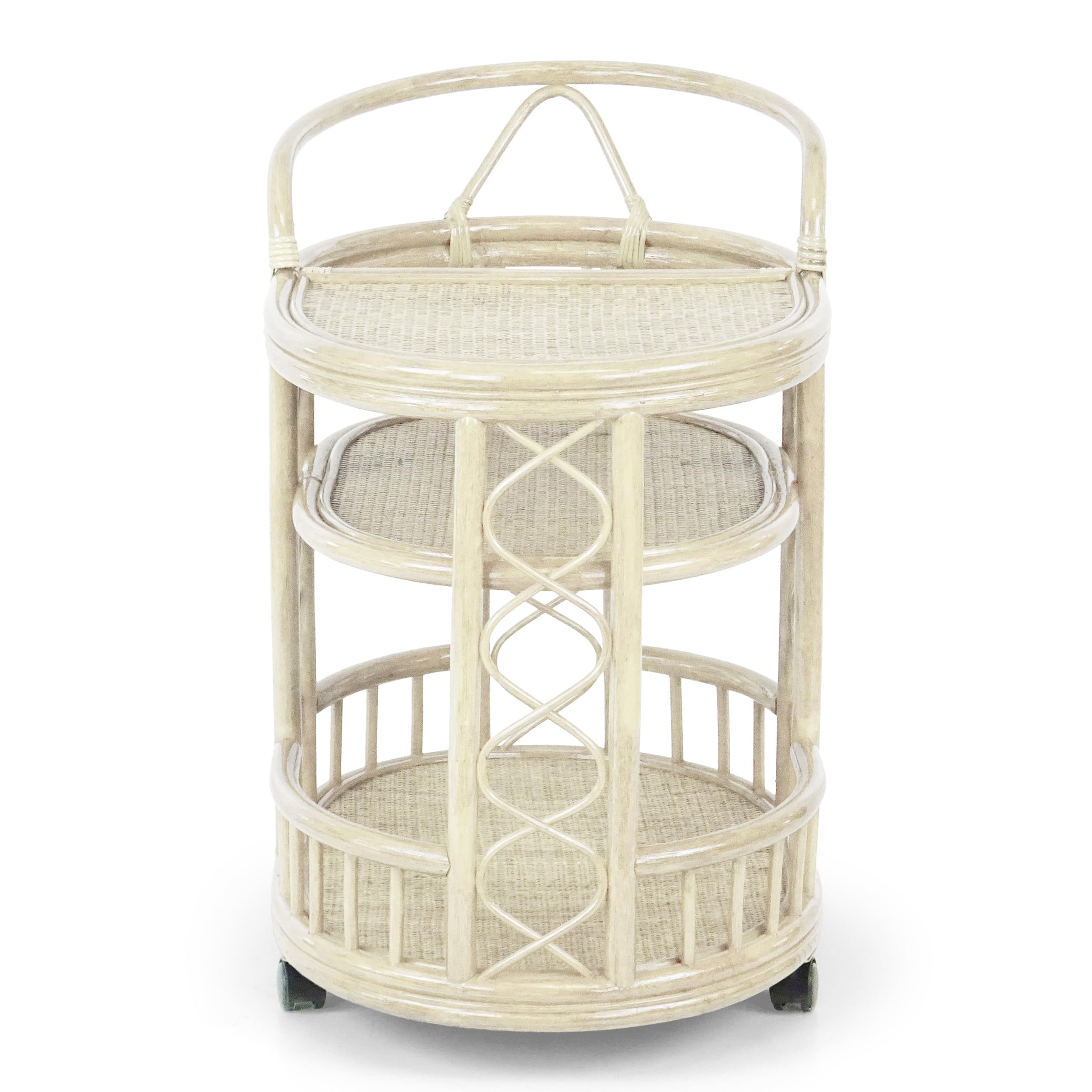 Handmade Woven Rattan Serving Cart with Wheels - Natural Wicker Fully Assembled in White Wash Finish | Perfect for Outdoor Patio, Garden Parties & Indoor Kitchen Use
