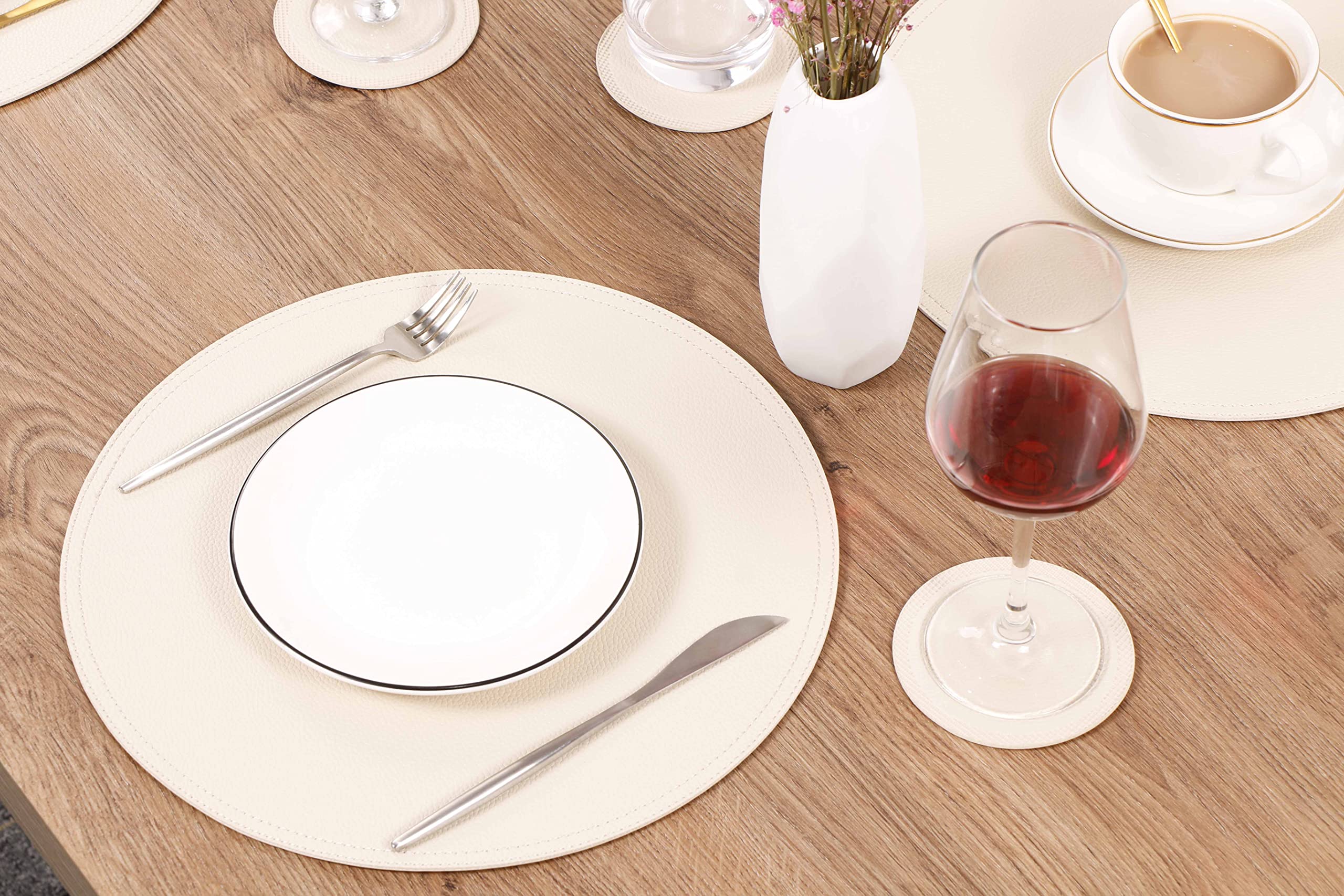 4-Pack Faux Leather Round Placemats & Coasters Set - Waterproof, Easy Clean Kitchen Dining Table Mats for Coffee, Breakfast, and Dinner Parties