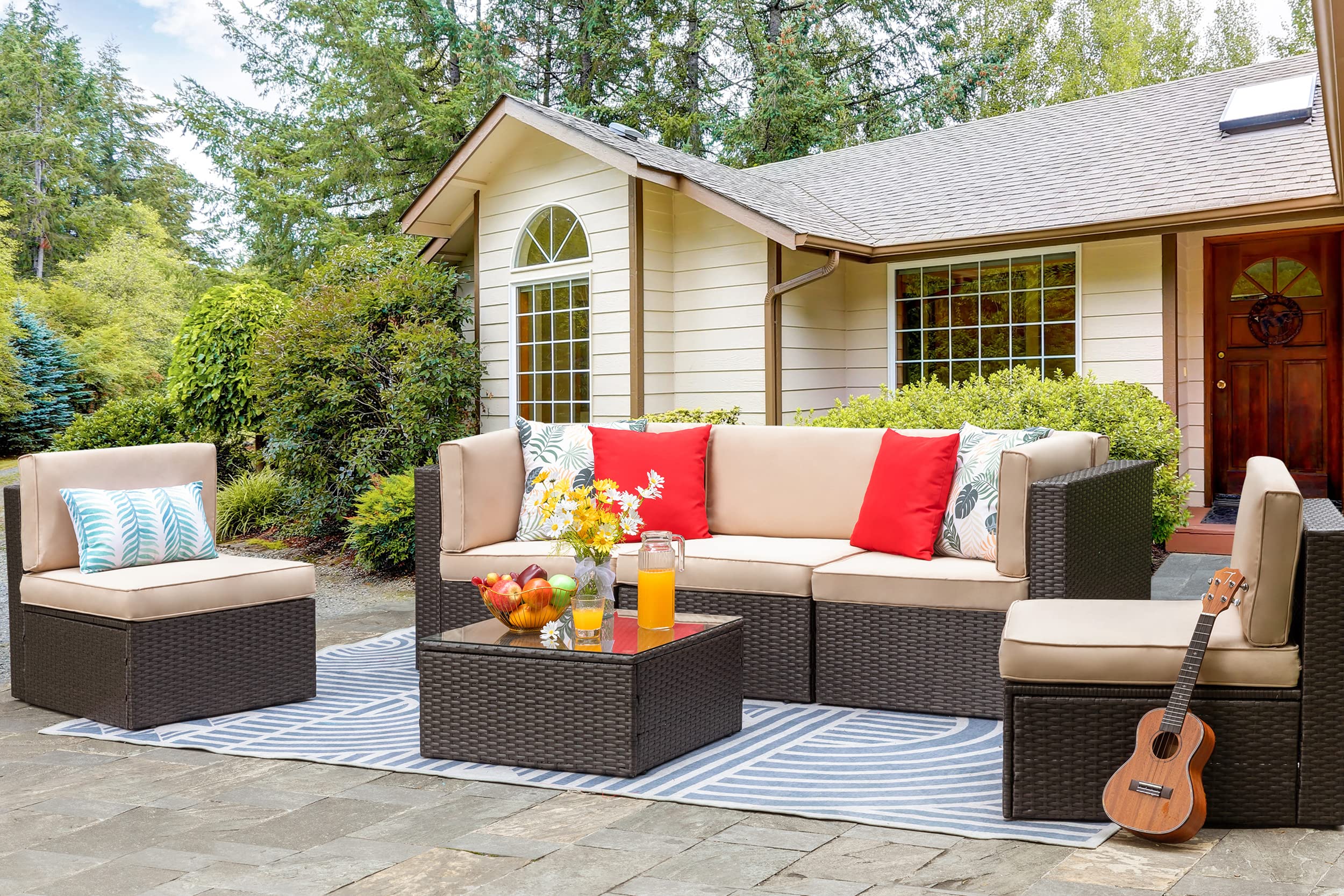 Vongrasig 6-Piece Outdoor Patio Furniture Set - PE Wicker Rattan Sectional Sofa with Coffee Table for Garden, Backyard, Poolside (Beige) | Perfect for Relaxing, Entertaining & Outdoor Gatherings