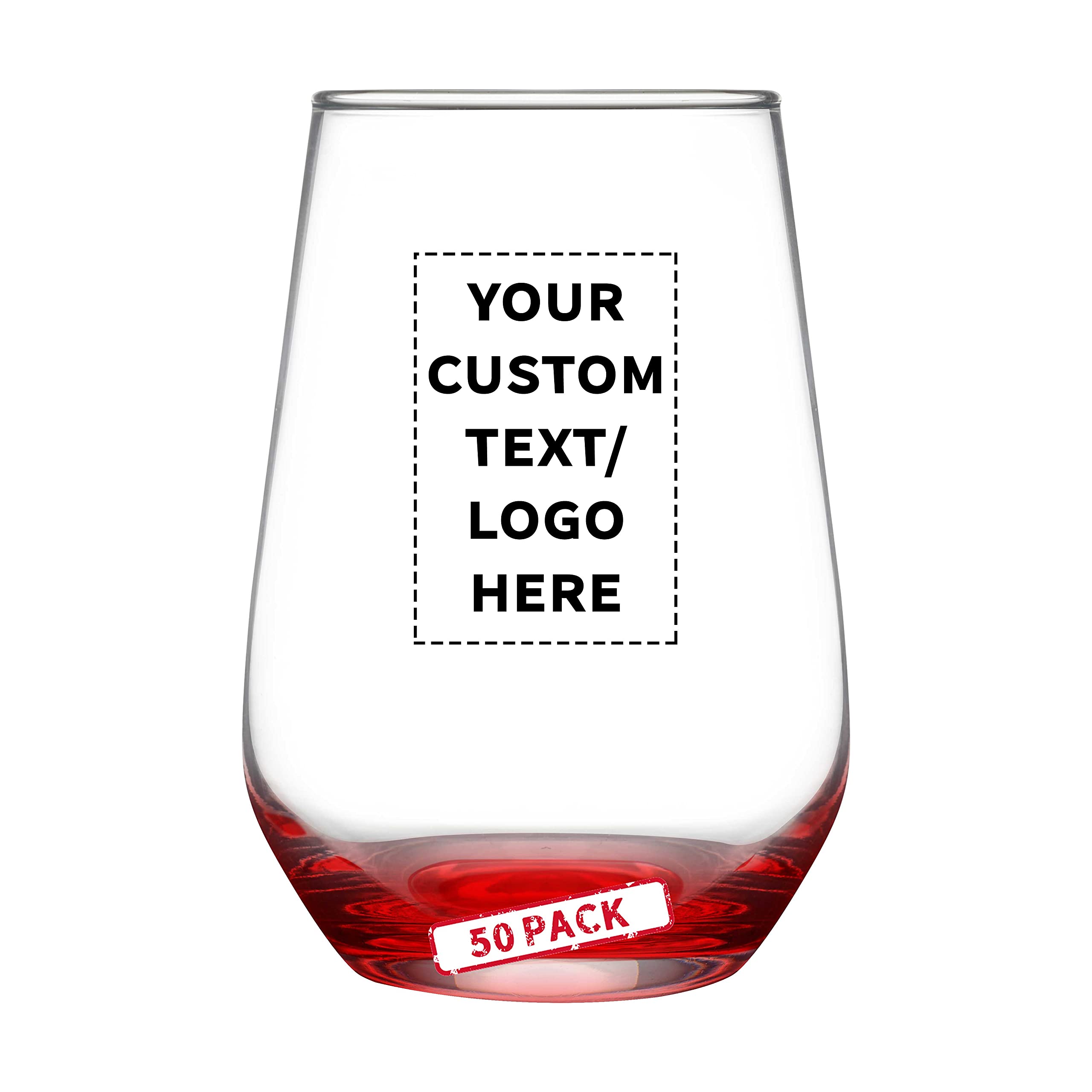 50 Pack Stemless Wine Glasses Set - 16oz Clear Orb-Like Silica Cups with Thick Base - Personalized Text/Logo Engraving - Perfect for Weddings, Parties & Corporate Events