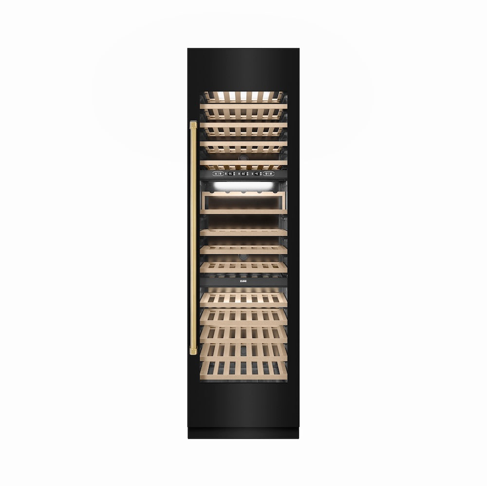 ZLINE Autograph Edition 24 Inch 12.4 Cu Ft Triple Zone 100 Bottle Column Wine Cooler - Black Stainless Steel with Polished Gold Accents (RCWVZ BS 24 G) - Perfect for Home Bars, Restaurants, and Wine Cellars