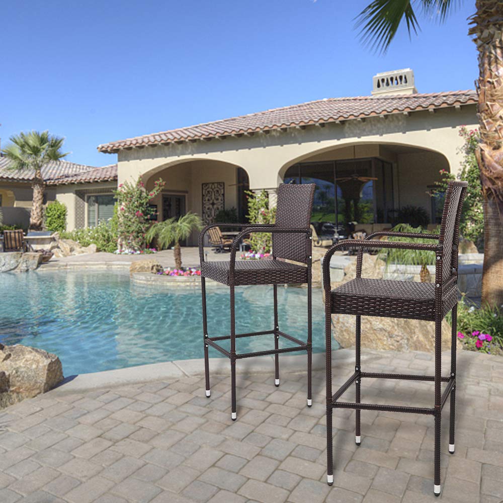 VINGLI 2-Piece Outdoor Wicker Bar Stool Set with Cushions - 30