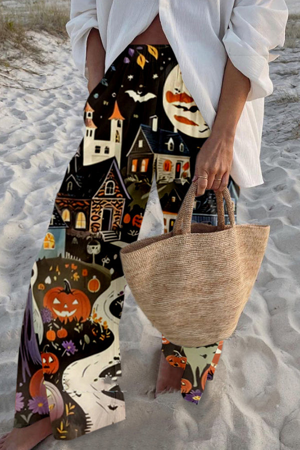 Halloween Print Elastic Waist Loose Pocket Pants - Comfortable Stretchy Casual Trousers for Women & Men - Perfect for Halloween Costumes, Cosplay & Everyday Wear