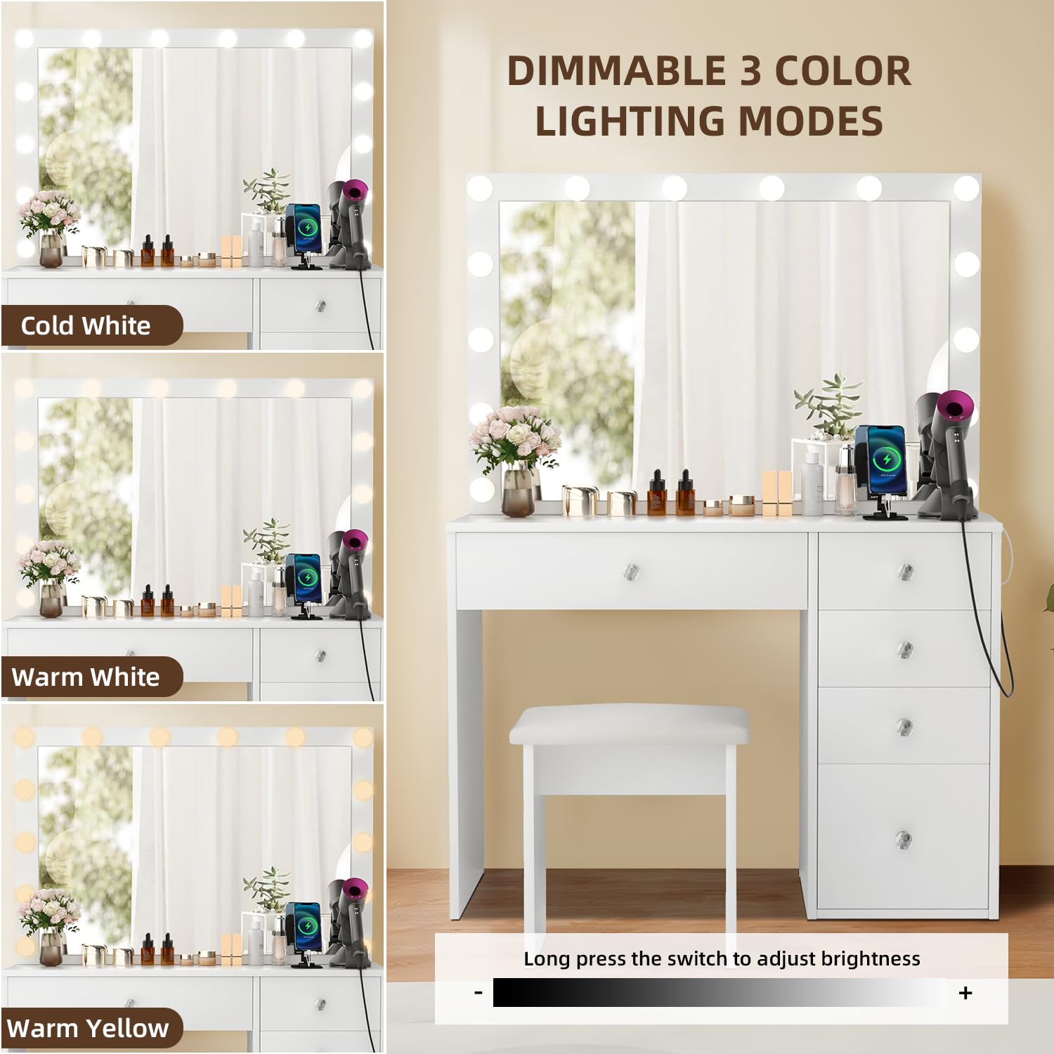 SMOOL Vanity Desk with LED Lights Mirror, Power Outlet & Stool - Adjustable Brightness Makeup Dressing Table with Sliding Drawers, Space Saving Beauty Station for Women & Girls (White) | Perfect for Bedroom, Dorm Room & Home Salon Setup