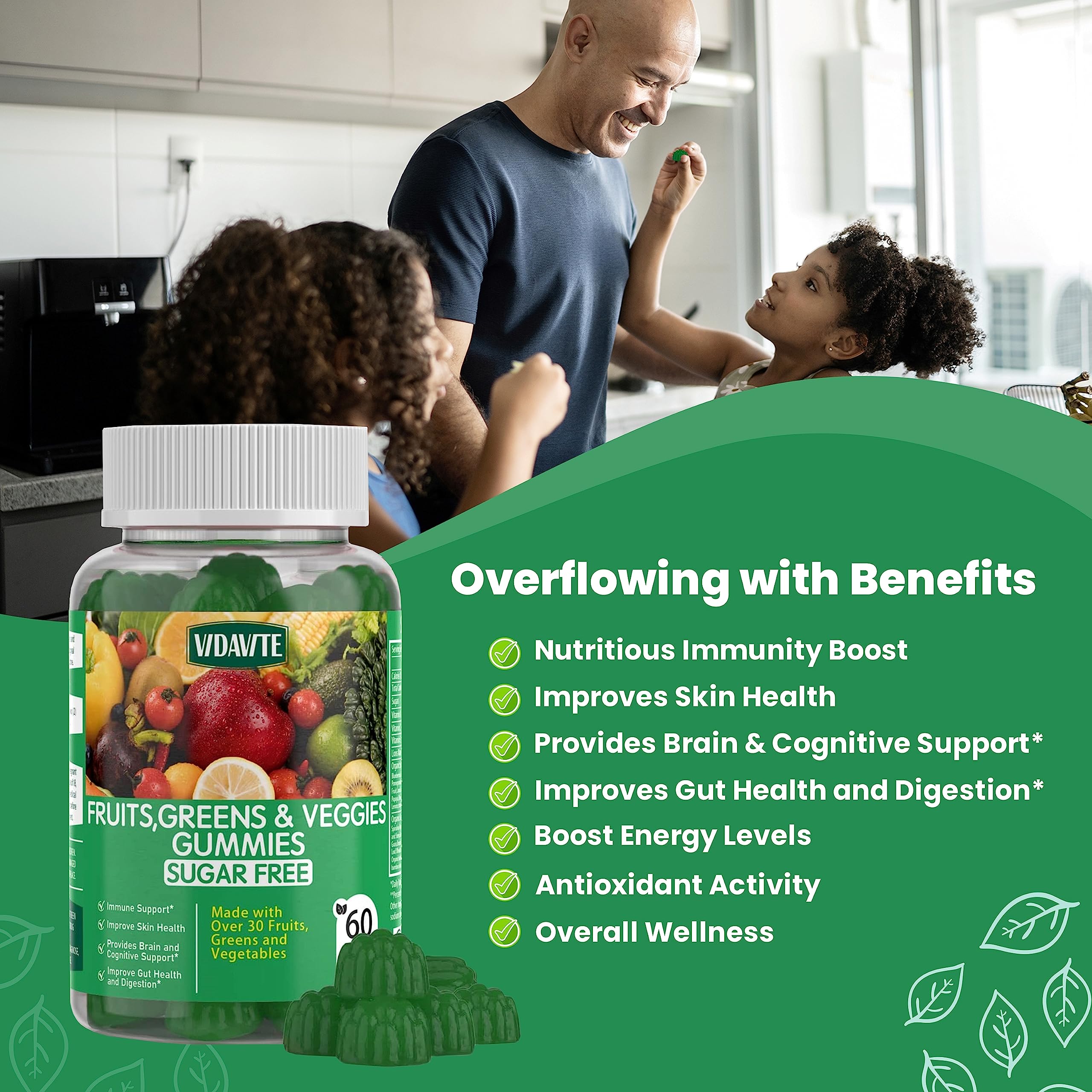 Sugar-Free Fruit and Veggie Gummies with 35+ Greens, Vitamins for Immunity, Skin & Gut Health — Best Fruit & Vegetable Supplement for Adults & Kids (60 Gummies) — Perfect for Daily Nutrition, Travel & On-the-Go Wellness