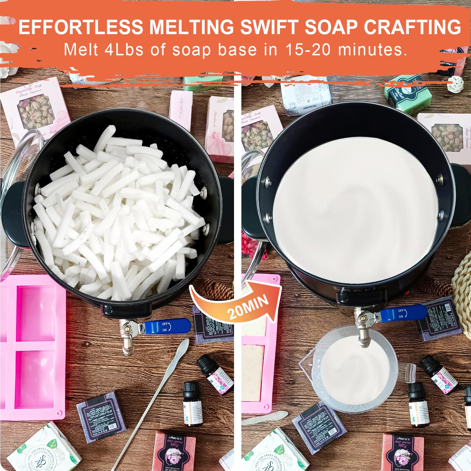Leerie S4 Soap Base Melter - 4 Quart/8 Pound Capacity with Temperature Control & Brass Spout - Non-Stick Coating for DIY Soap Making Business - Perfect for Melt & Pour Soap Crafting, Small Business & Home Use