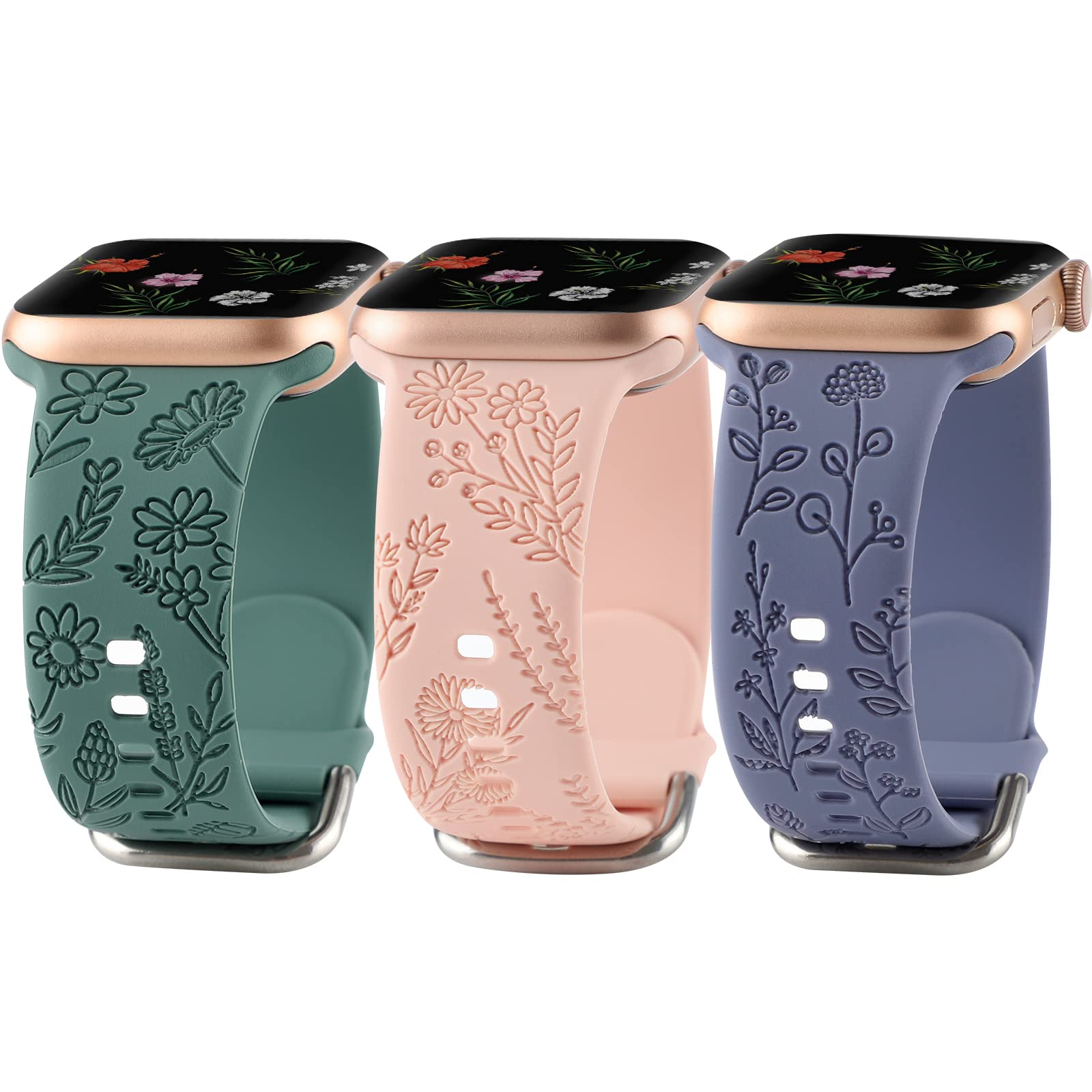 Floral Engraved Apple Watch Band 38mm 40mm 41mm - Soft Silicone Strap with Cute Flower Pattern for Women, Compatible with iWatch Series 8/7/6/5/4/3/2/1/SE - Perfect for Workouts, Daily Wear & Fashion Accessories