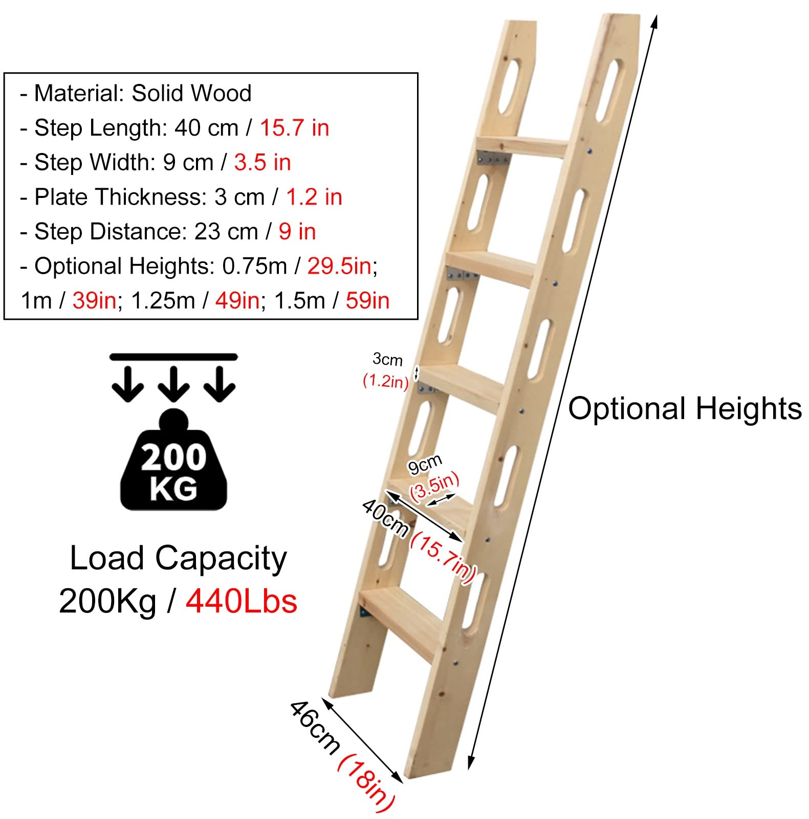 Universal Wooden Bunk Bed Ladder for RV, Motorhome, Loft & Dorm - 29.5