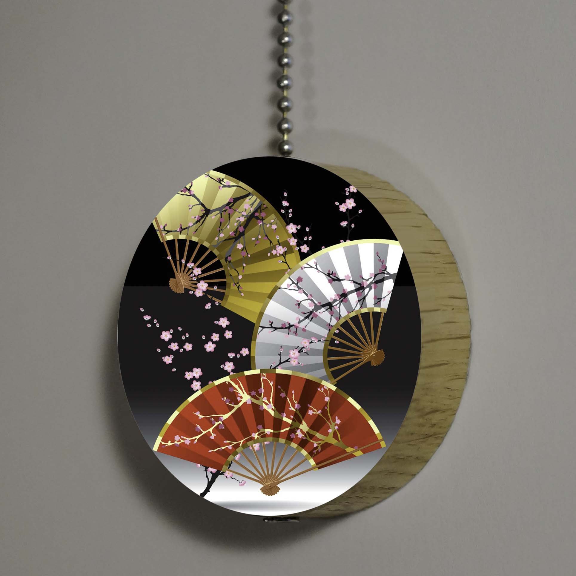 Handcrafted Asian Cherry Blossom Wooden Fan - Oak Hardwood Decorative Ceiling Fan Pull & Light Switch Charm | Perfect for Home Decor, Japanese Tea Rooms & Zen Garden Accessories