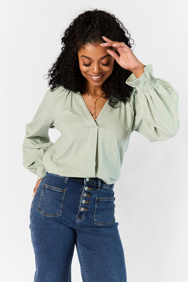 Simply You Sage Knit Notched Neck Long Sleeve Blouse for Women - Comfortable Office & Casual Wear - Elegant Green Knit Top for Work, Date Night & Everyday Outfits
