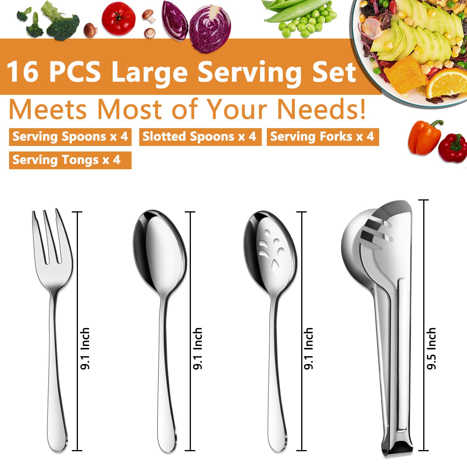 BEWOS 16-Piece Stainless Steel Serving Utensil Set - 9.1