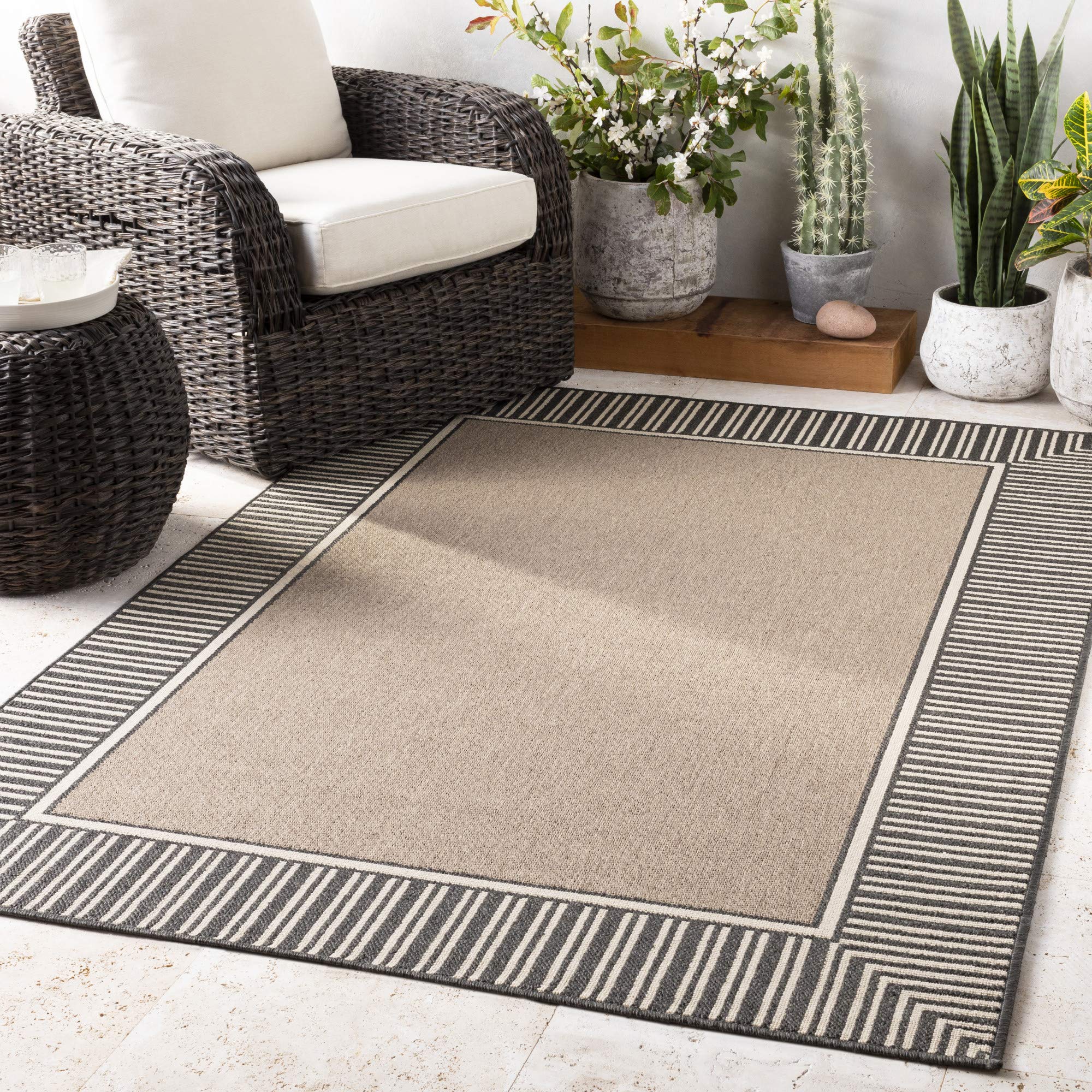 Premium Hampshire Solid Border Outdoor Area Rug - Waterproof & UV Resistant for Patio, Deck, Garden - Durable & Stylish Floor Decor for All Seasons