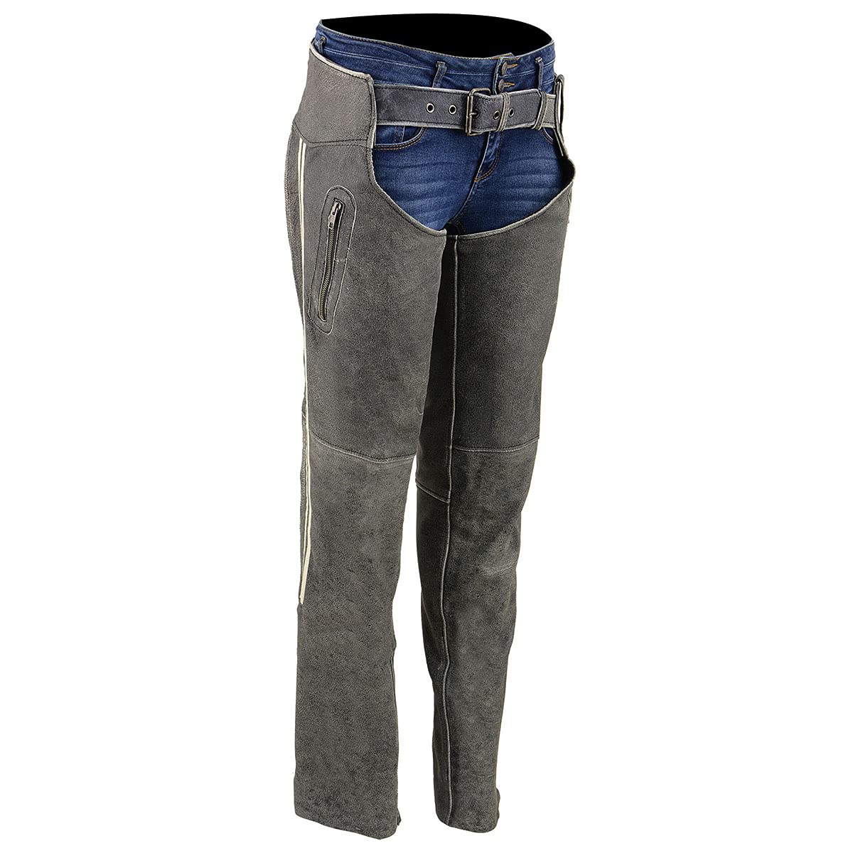 Milwaukee Leather MLL6505 Women's Vintage Grey Slate Motorcycle Chaps with Racing Stripes - Perfect for Riding, Biker Events & Motorcycle Enthusiasts