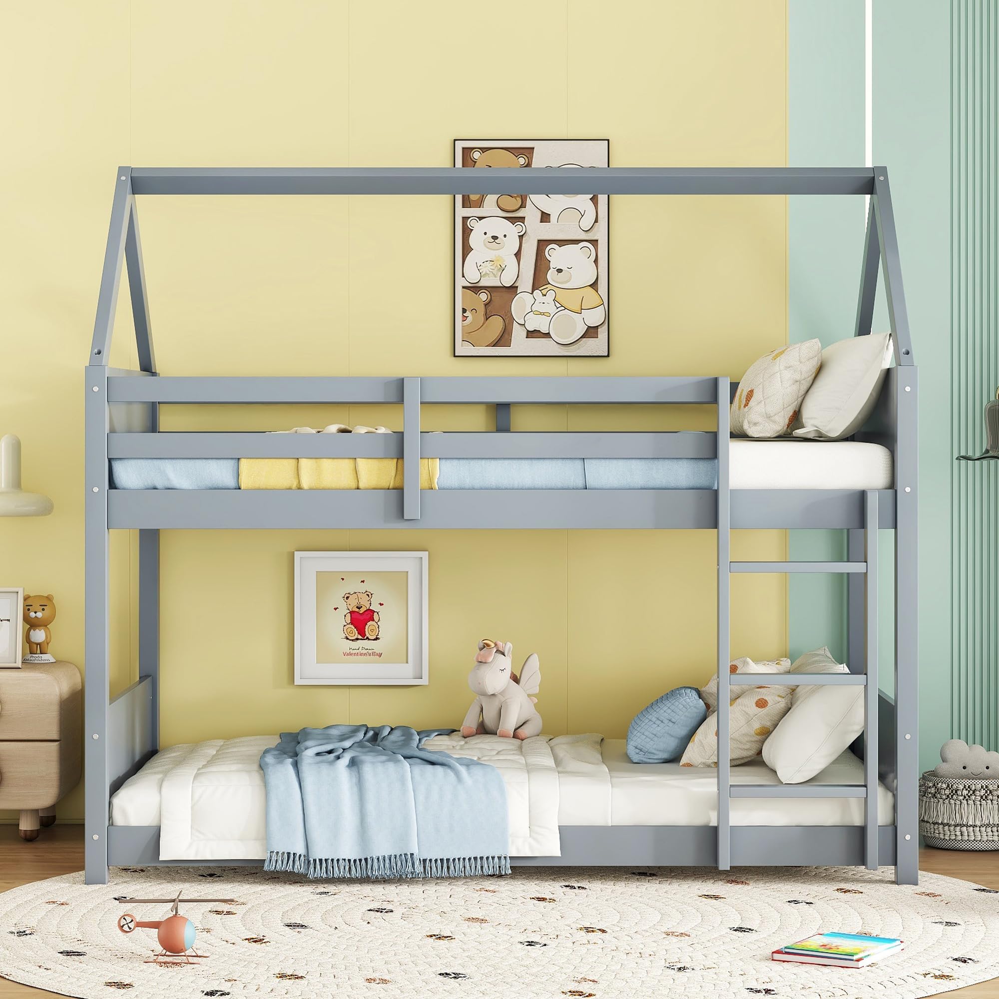 LZ LEISURE ZONE Twin Over Twin Bunk Bed with Guardrails & Ladder - Space-Saving Kids Bedroom Furniture, Light Gray - Perfect for Small Rooms, Shared Kids' Bedrooms & Sleepovers