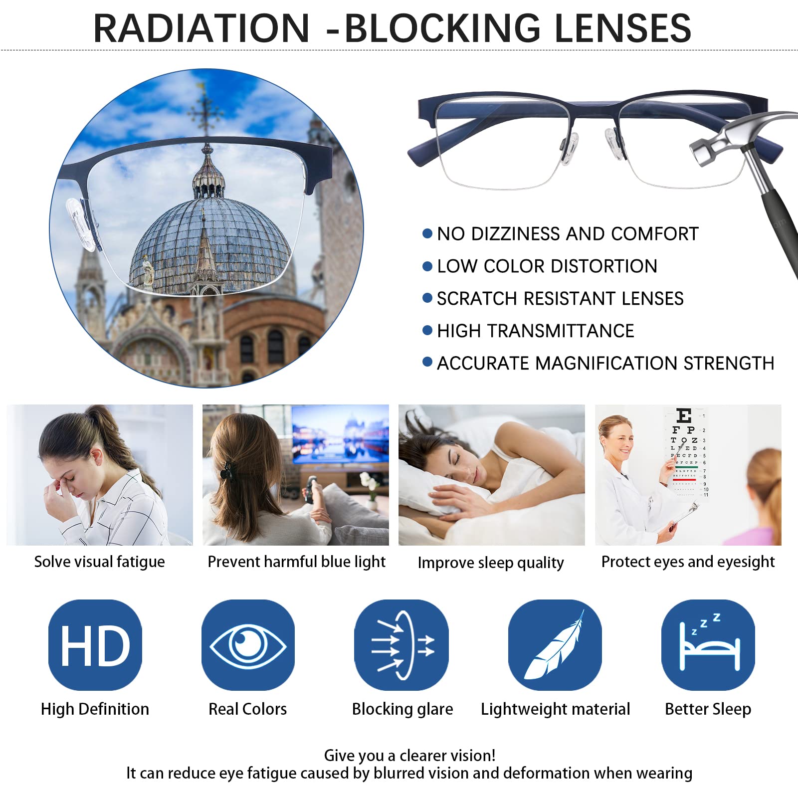 Blue Light Blocking Reading Glasses for Men - Progressive Multifocal Computer Glasses with Spring Hinge & Half Metal Frame - Perfect for Office Work, Screen Use, and Daily Reading