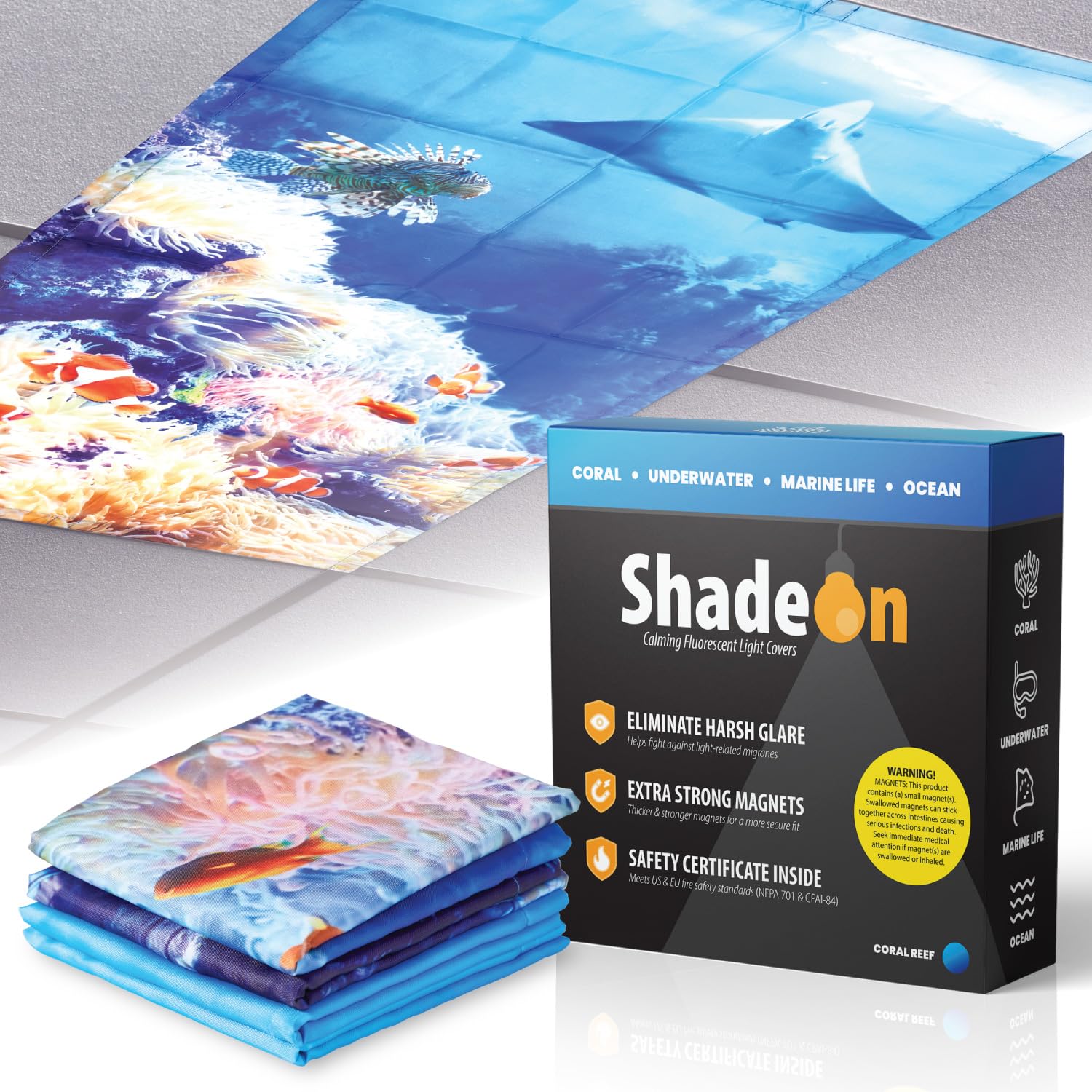 ShadeOn 2x4 ft Magnetic Fluorescent Light Covers for Ceiling Lights (4-Pack) - Coral Reef Design for Classrooms, Offices & Workspaces - Reduce Glare & Improve Lighting