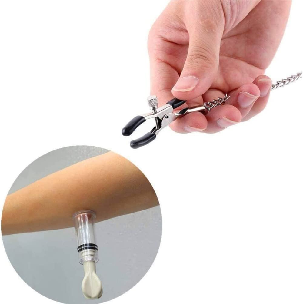 Adjustable Nipple Clips and Suckers Set - Stainless Steel Non-Piercing Body Jewelry with Chain for Women (Black) - Perfect for Sensual Play, BDSM Accessories and Intimate Wear