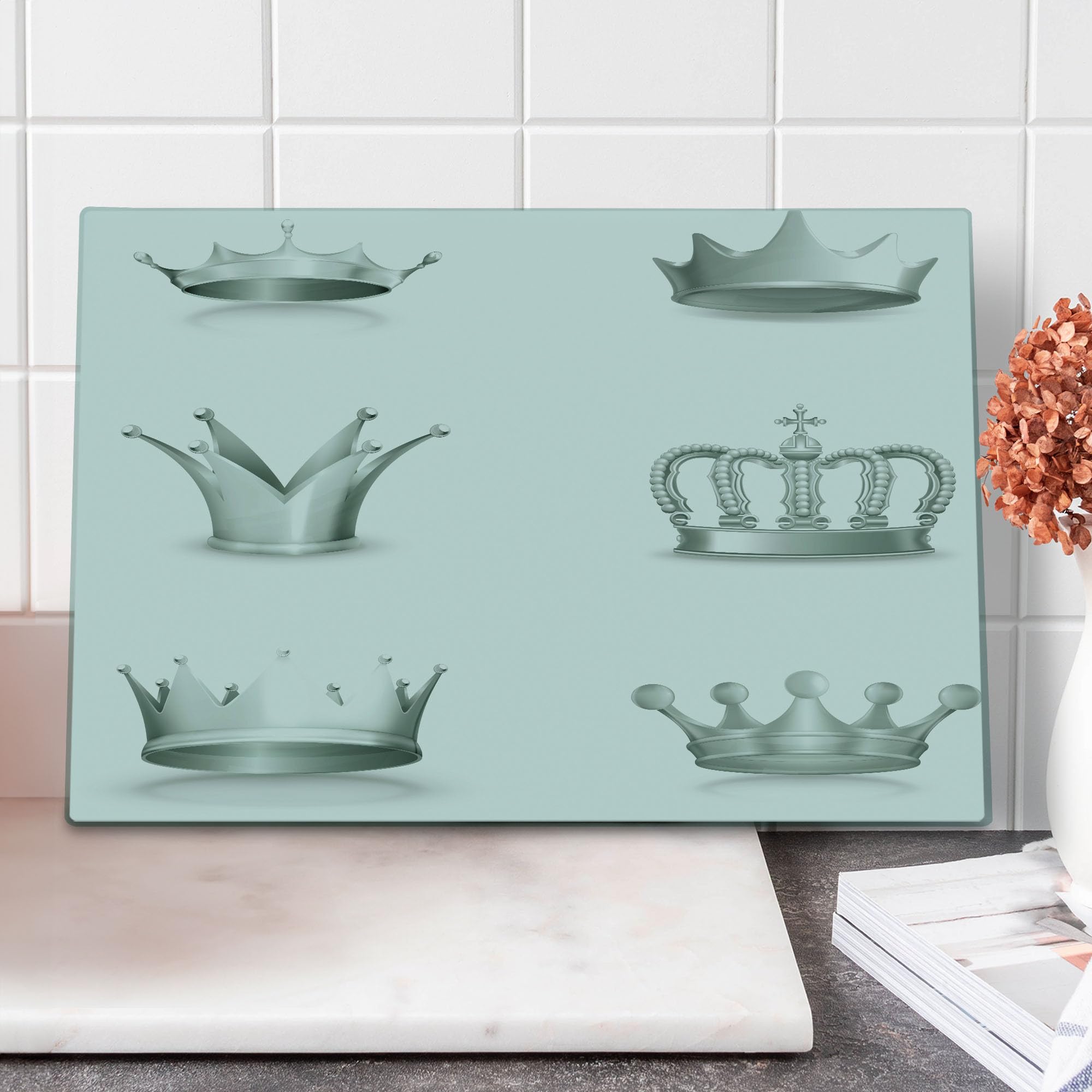Ambesonne Vintage Crowns Themed Tempered Glass Cutting Board - Large Decorative Serving Board with Antique Queen King Imperial Design in Pale Green & White - Perfect for Kitchen Prep, Charcuterie Platters & Elegant Dining Decor