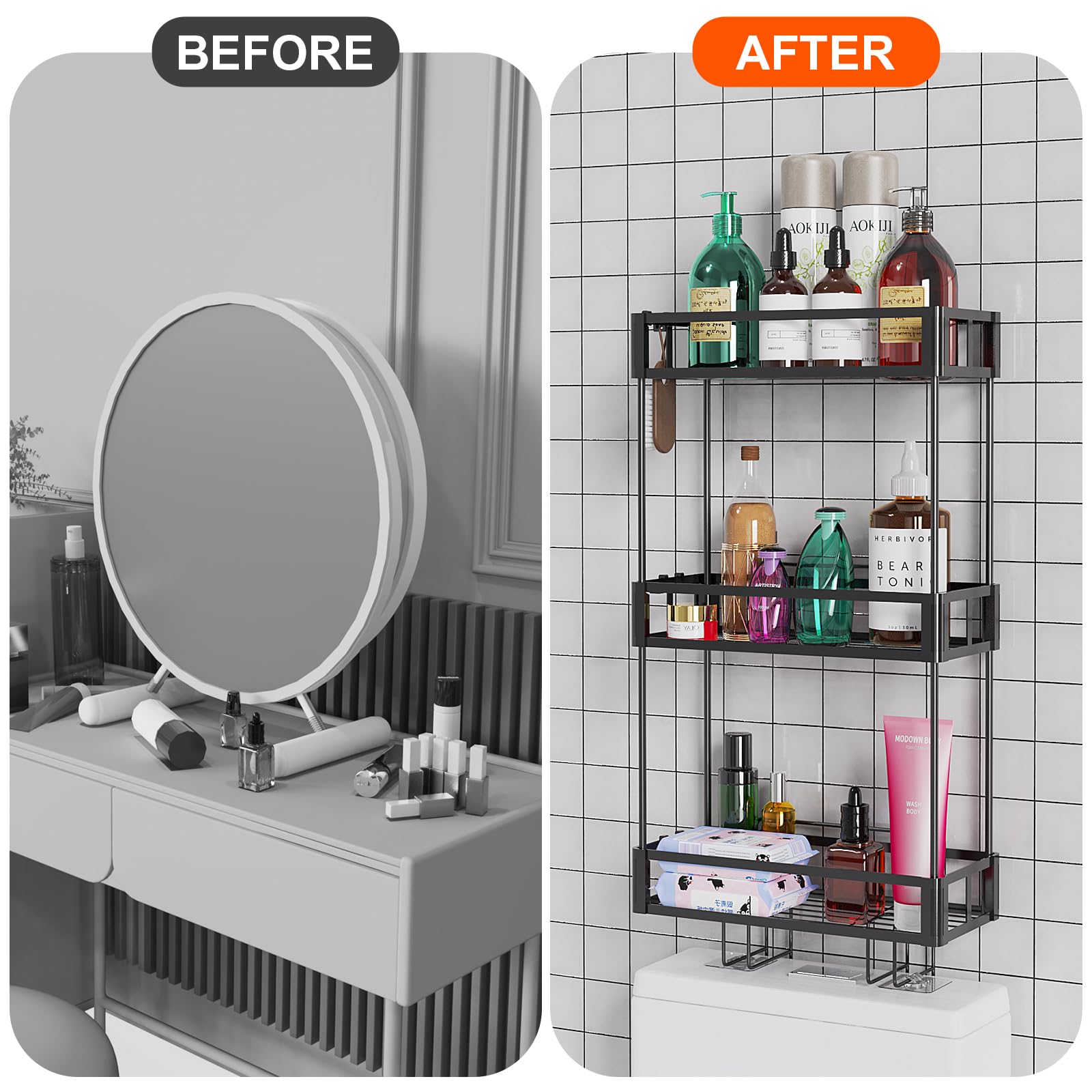 3-Tier Over The Toilet Storage Shelf - Space Saving Bathroom Organizer with Non-Trace Adhesive, Easy Installation - Perfect for Small Bathrooms, Apartments & Dorm Rooms