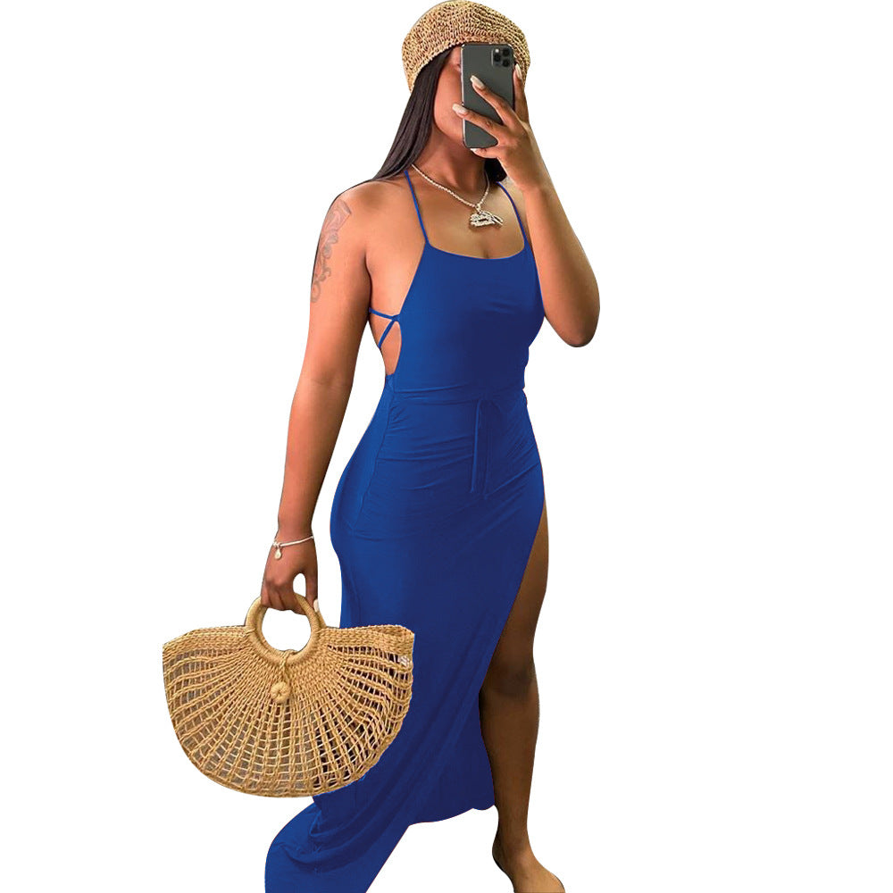 ANJAMANOR Black Asymmetric Backless High Slit Maxi Dress for Women - Sexy Club Outfits, Vacation & Beach Wear - Perfect for Night Out, Party, Summer Vacation and Beach Getaways