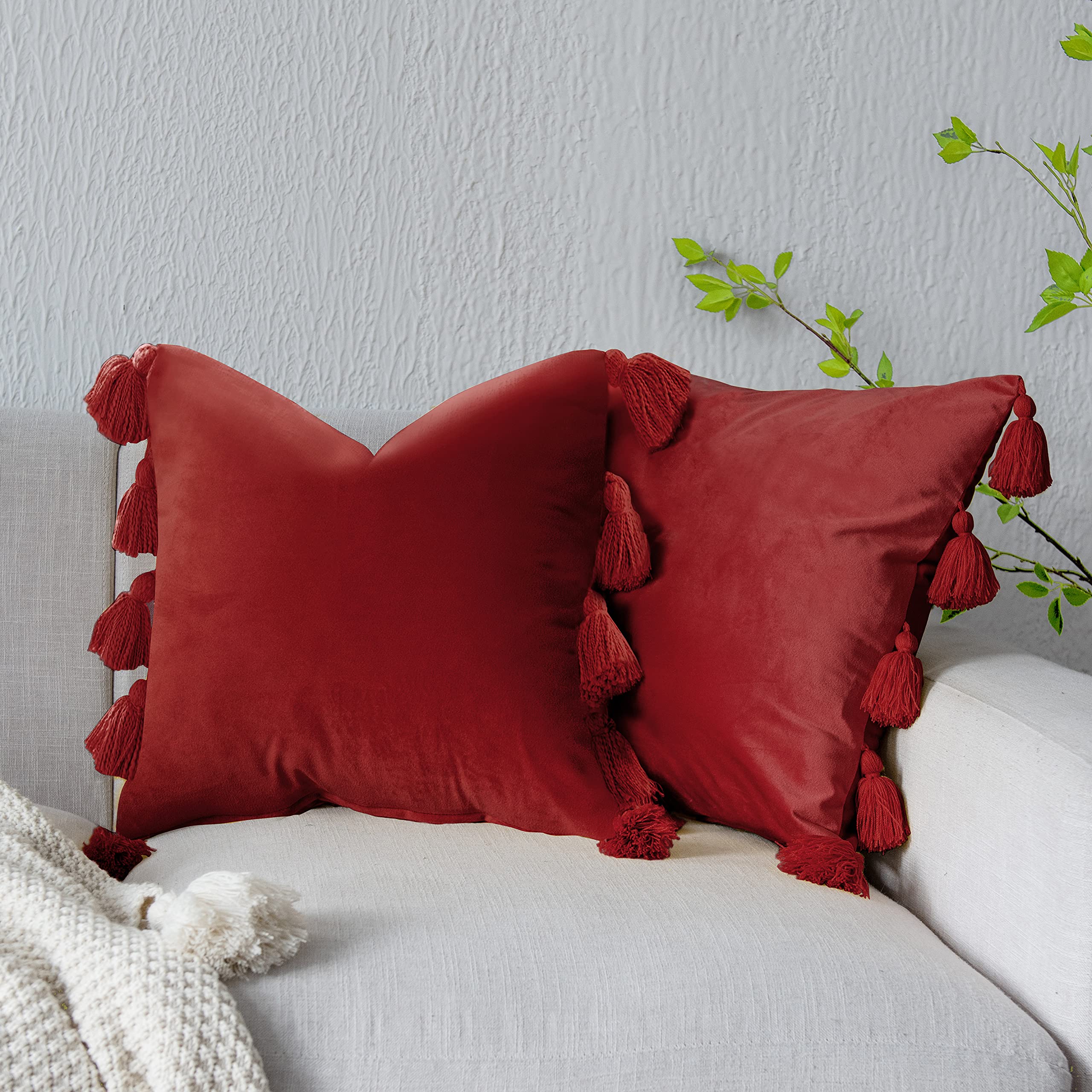 Boho Throw Pillow Covers 18x18 Inch Set of 2 - Velvet Decorative Cushions with Tassels for Farmhouse & Modern Home Decor (Solid Red Ochre) - Perfect for Sofa, Bed, Bench & Living Room Accents