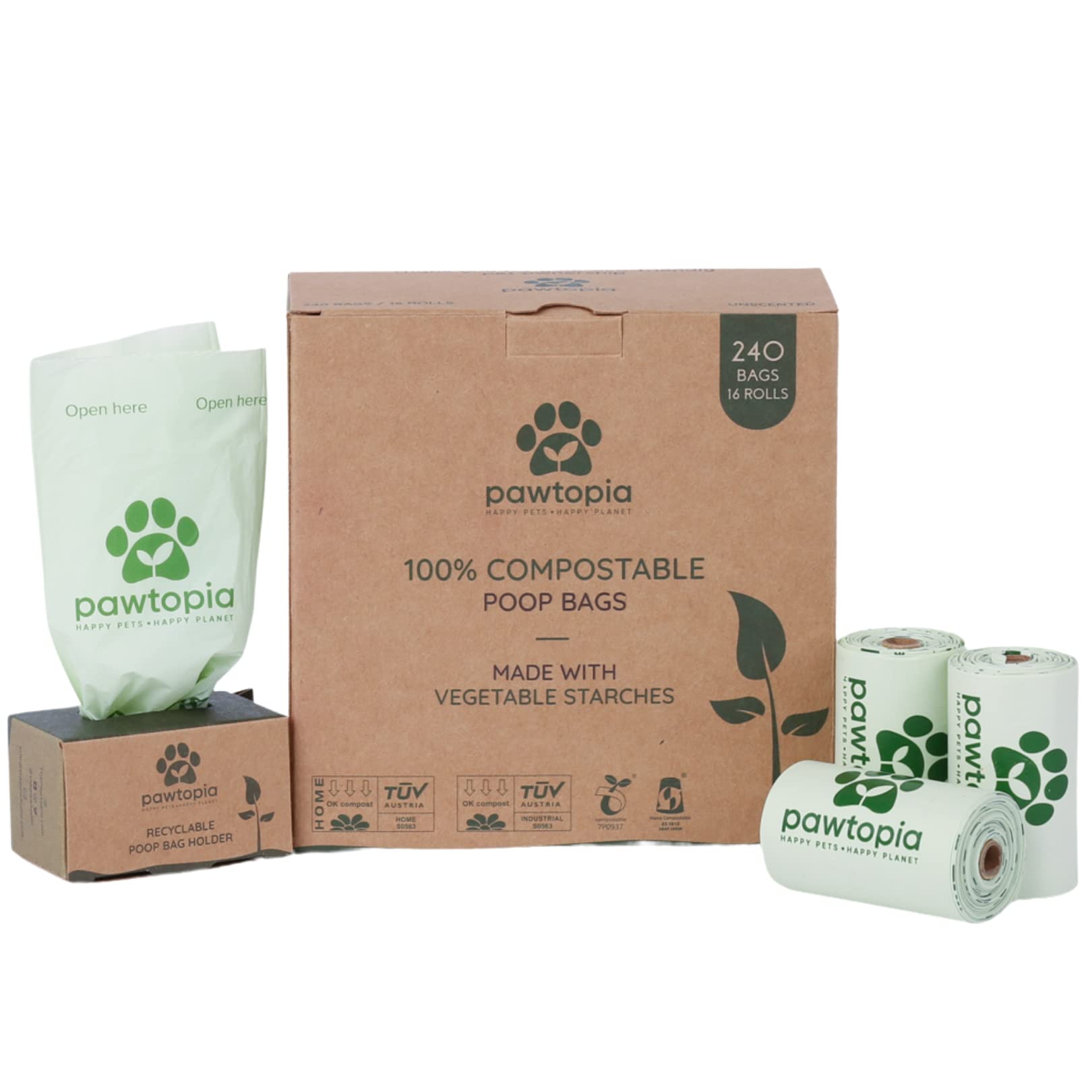Pawtria Certified Home Compostable Dog Poop Bags - 240 Count with Kraft Paper Dispenser | Eco-Friendly Biodegradable Pet Waste Bags for Dogs & Cats | Leakproof & Easy-Open Design | Perfect for Daily Walks, Park Visits & Litter Box Cleaning
