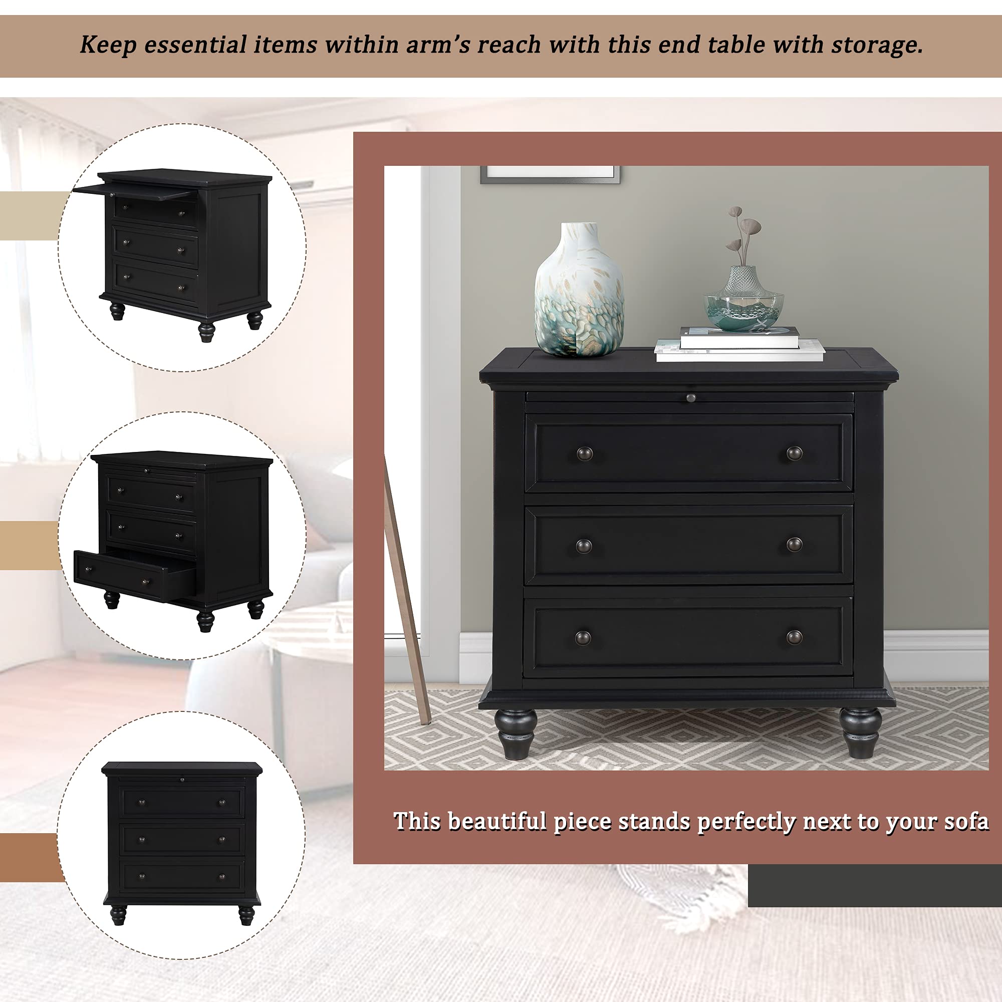 Anwick 3-Drawer Wooden Storage Cabinet with Pull-Out Tray - Nightstand, End Table & Side Table for Bedroom, Living Room, Office - Space-Saving Home Organization Furniture (Black) | Perfect for Small Spaces, Apartment Decor & Clutter-Free Storage Solutions