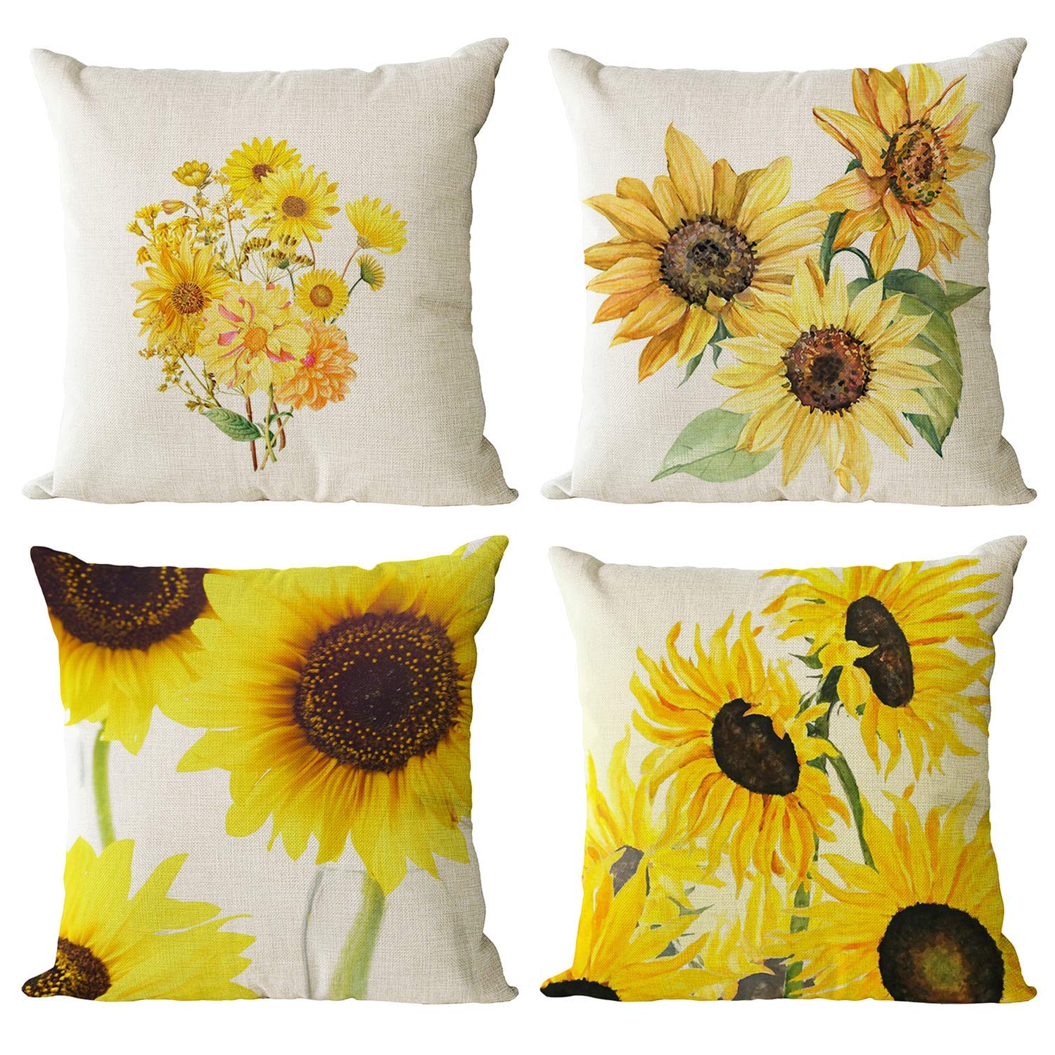 YeeJu Set of 4 Sunflower Decorative Throw Pillow Covers - 20x20 Inch Square Cotton Linen Floral Cushion Covers for Sofa, Couch & Outdoor Furniture - Perfect for Living Room, Patio and Summer Home Decor