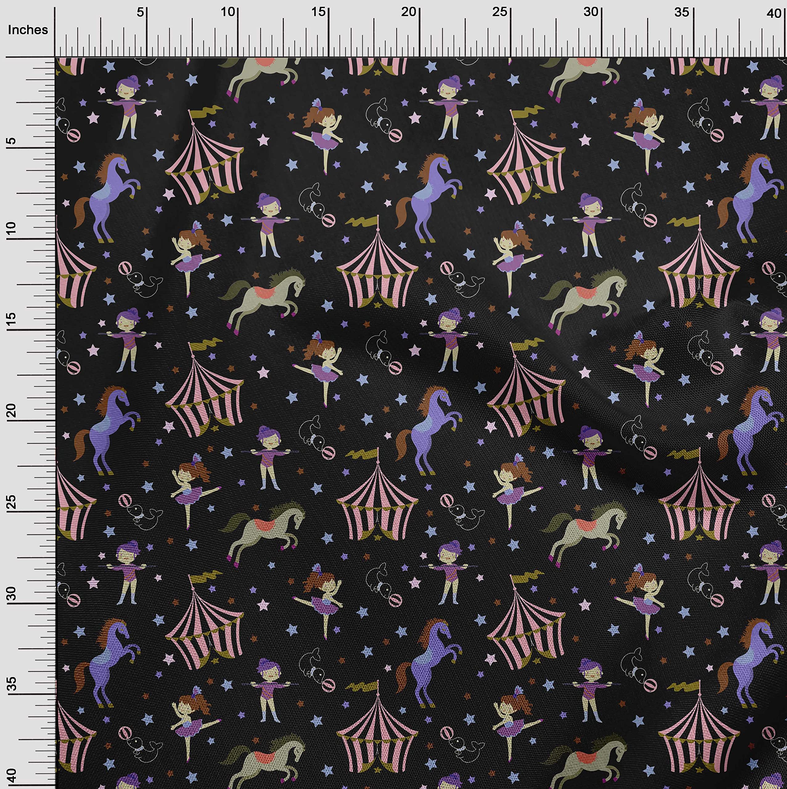 oneOone Polyester Spandex Black Circus Print Fabric - 56 Inch Wide Stretch Material for Dance Costumes, Theater Outfits & Performance Wear - Perfect for Circus Dresses, Leotards & Costume Design