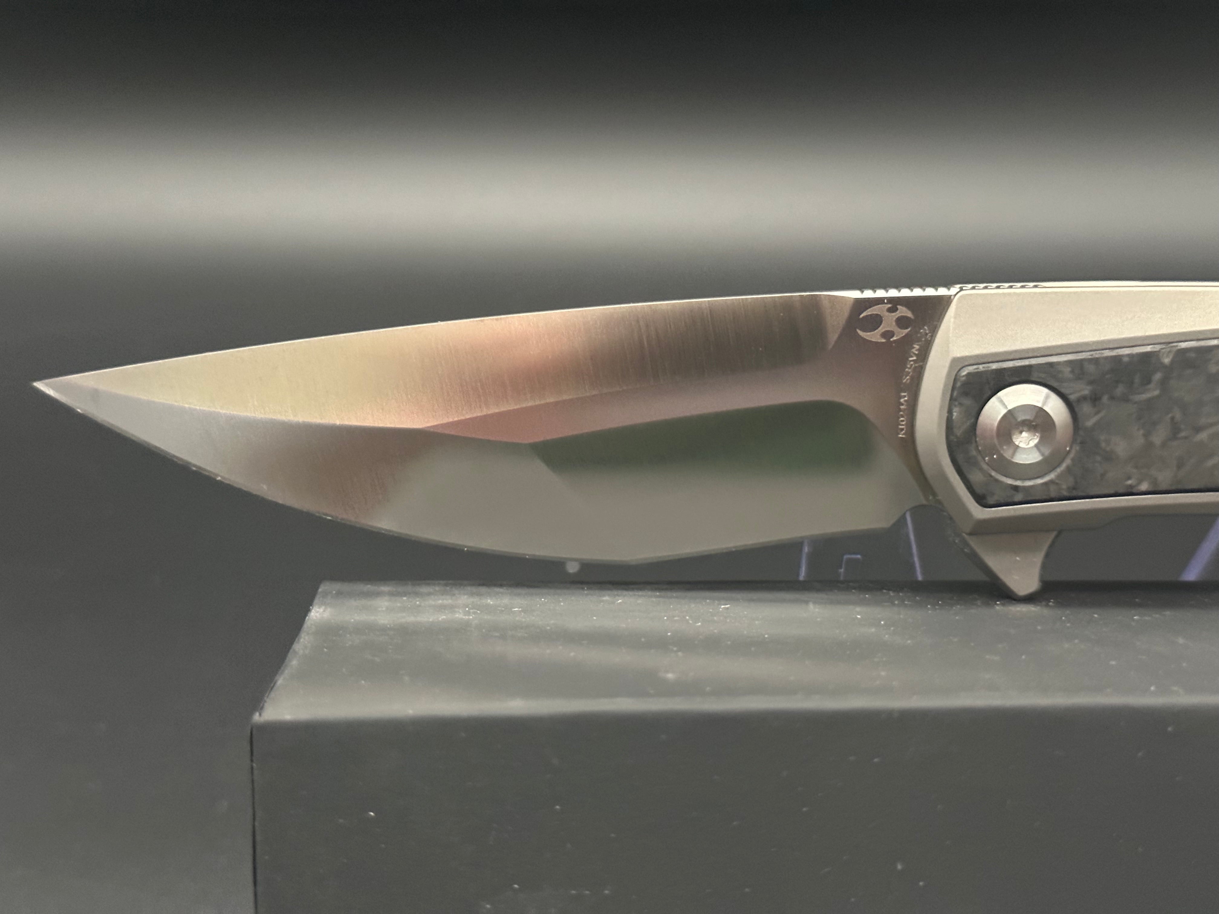 Kansept Ostap Hel Kratos Folding Knife - Silver Titanium Handle & Carbon Fiber Blade - EDC, Outdoor, Camping, Survival Gear