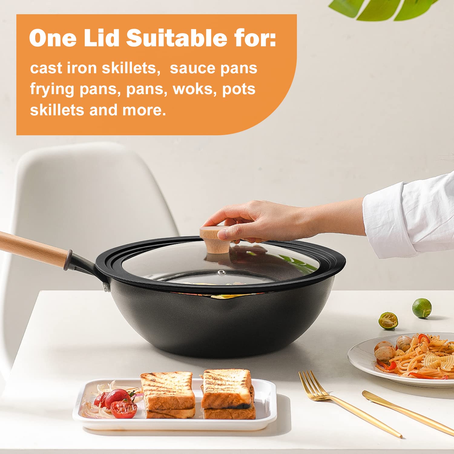 Wadaza Universal Tempered Glass Pan Lid with Wooden Knob - Fits 11, 12, 12.5 Inch Pots, Pans & Woks - Dishwasher Safe Cookware Cover for Frying, Sautéing & Simmering - Perfect for Stovetop Cooking & Food Storage