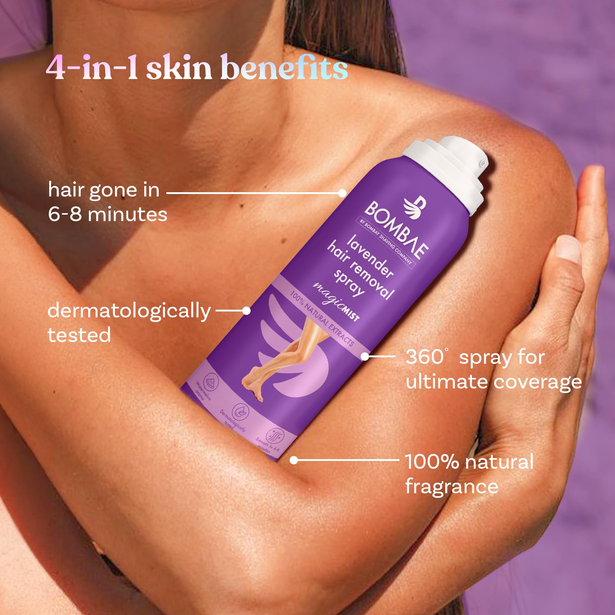 Bombae Lavender Hair Removal Spray Cream for Women - Painless Hair Removal for Arms, Underarms, Legs & Bikini Line | Sensitive Skin Safe & Dermatologist Tested | Quick & Easy At-Home Hair Removal Solution | Perfect for Smooth Skin Before Beach, Date Night or Special Occasions