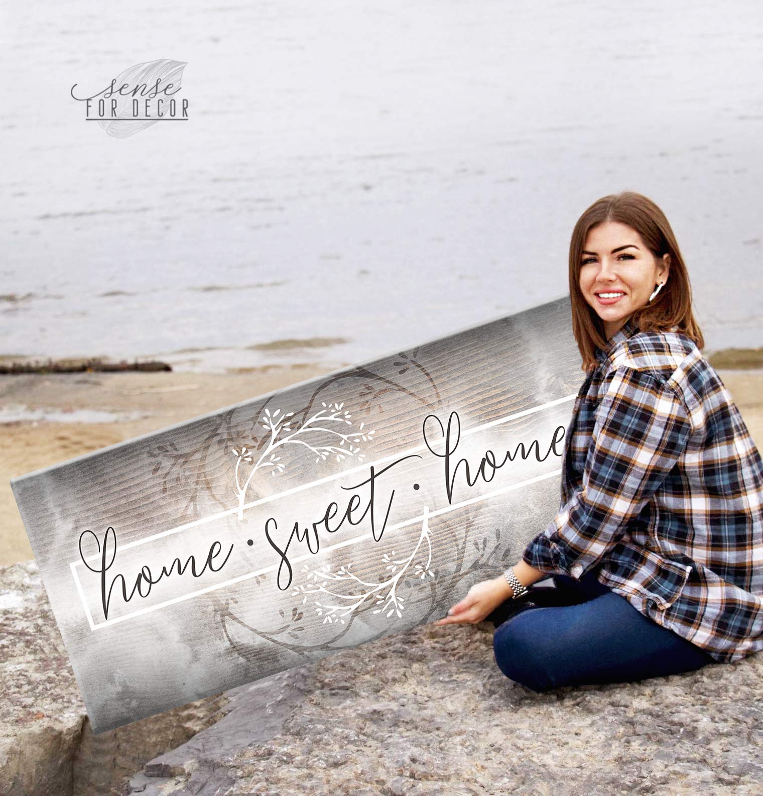 Home Sweet Home V2 Quote Wooden Framed Canvas Wall Art - Ready to Hang Brown Home Decor (42x19 inches) - Perfect for Living Room, Bedroom & Office Decoration