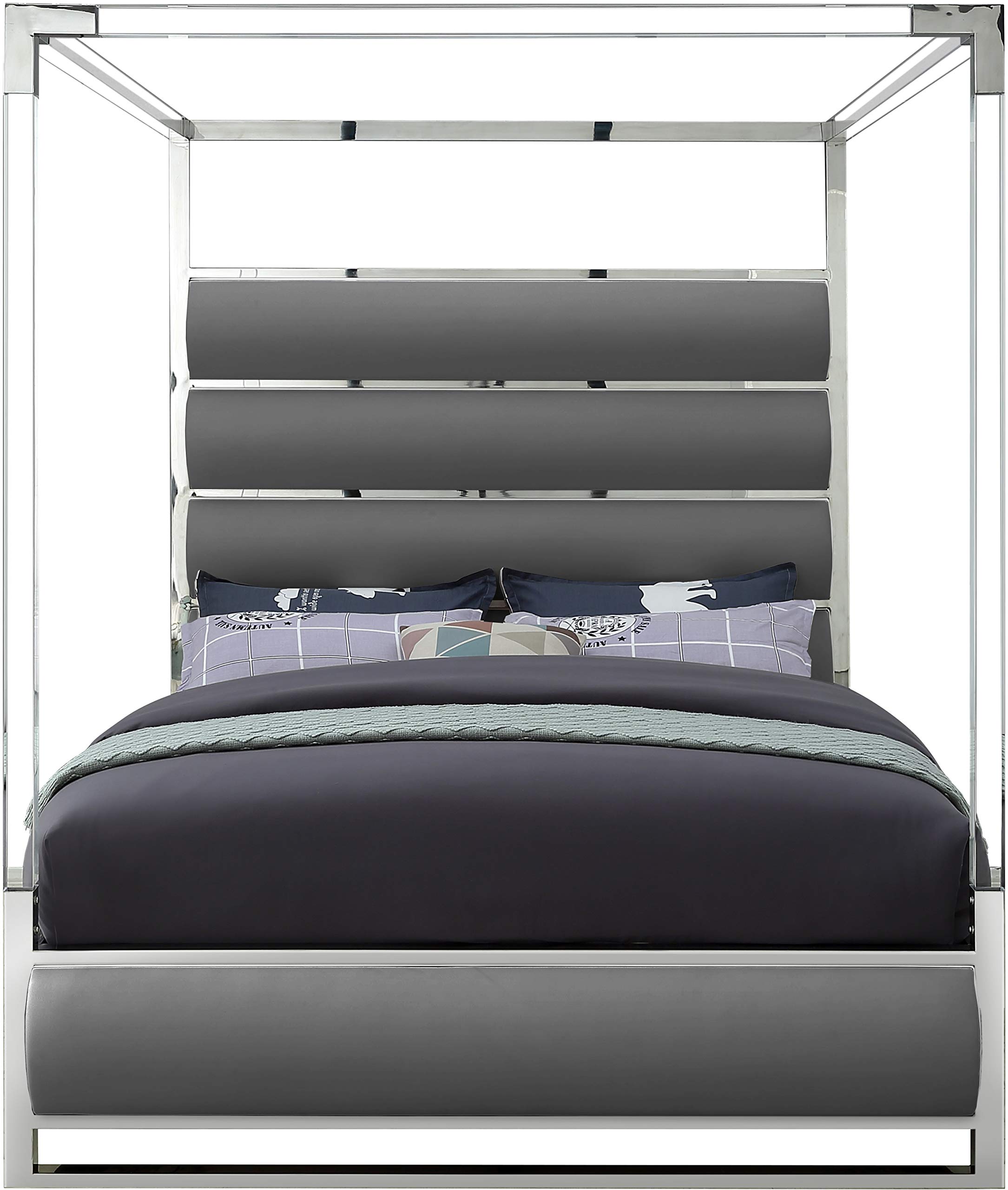 Modern Faux Leather & Chrome Canopy King Bed - Meridian Encore Collection Grey | Contemporary Acrylic Upholstered Bed Frame for Luxurious Master Bedroom Decor