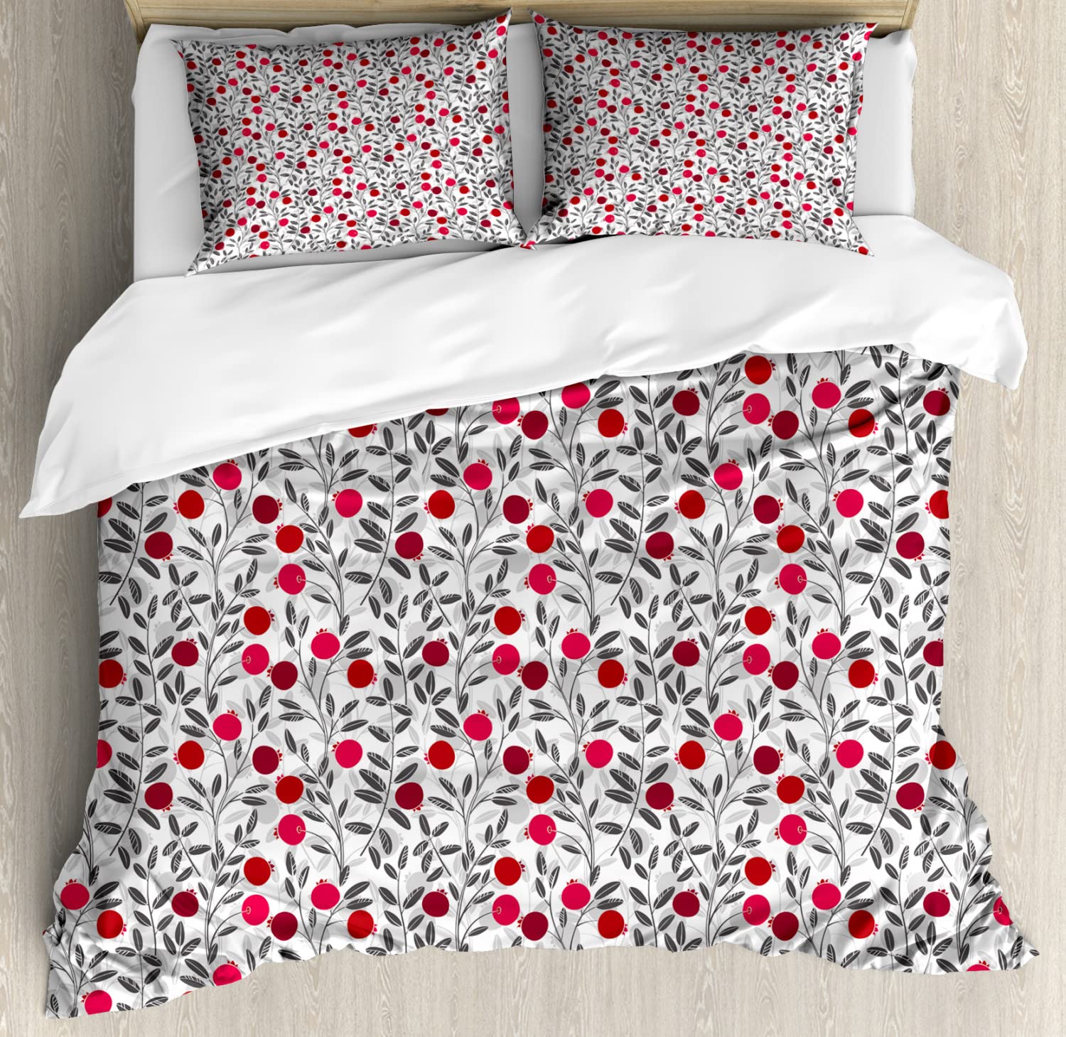 Ambesonne 2-Pack Cranberry Duvet Cover Set - King Size Grey Pink Maroon Floral Botanical Print Bedding with 2 Duvet Covers & 4 Pillowcases - Nature Inspired Spring Berry Field Design for Master Bedroom, Guest Room Decor