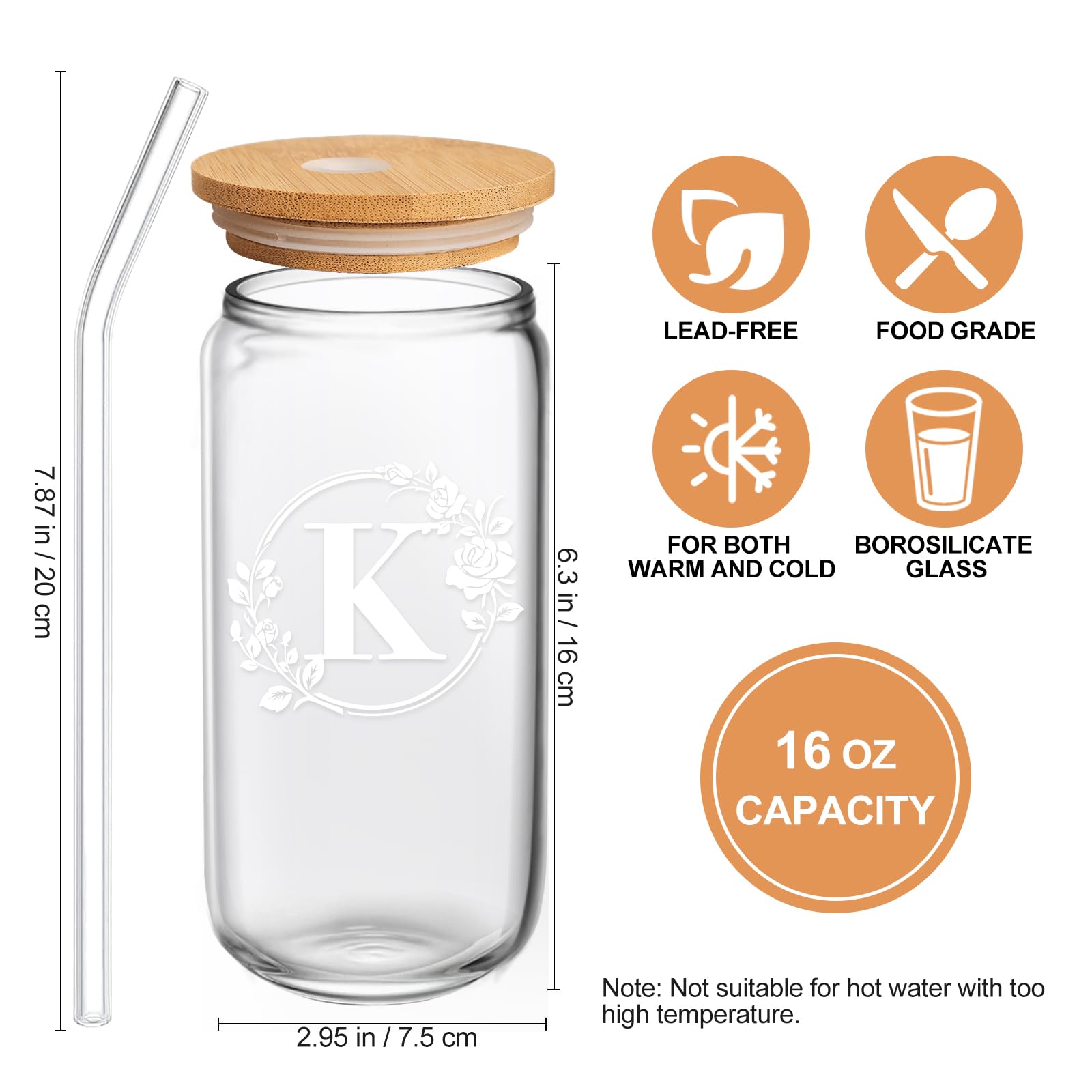 Personalized Monogrammed Initial 16oz Glass Cup with Lid & Straw - Custom Birthday & Christmas Gifts for Women - Iced Coffee & Beer Can Shaped Drinking Glass for Home, Office & Party Use