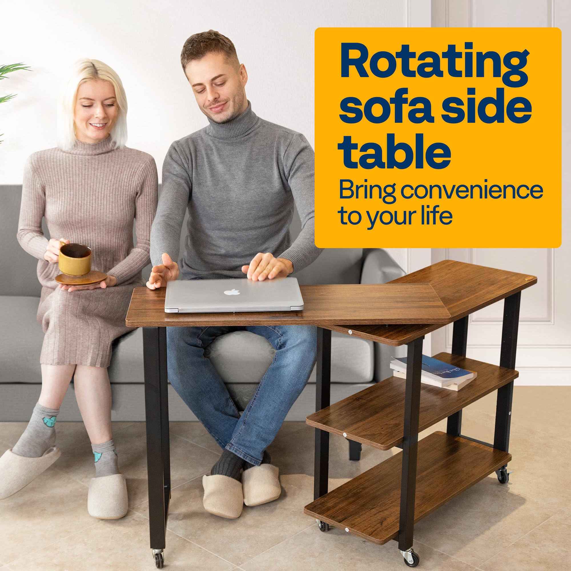 VIVOHOME 360° Rotating Mobile End Table with 2-Tier Storage Shelves & 6 Universal Casters - Portable Laptop Sofa Side Table for Living Room, Bedroom, Office & Dorm Use