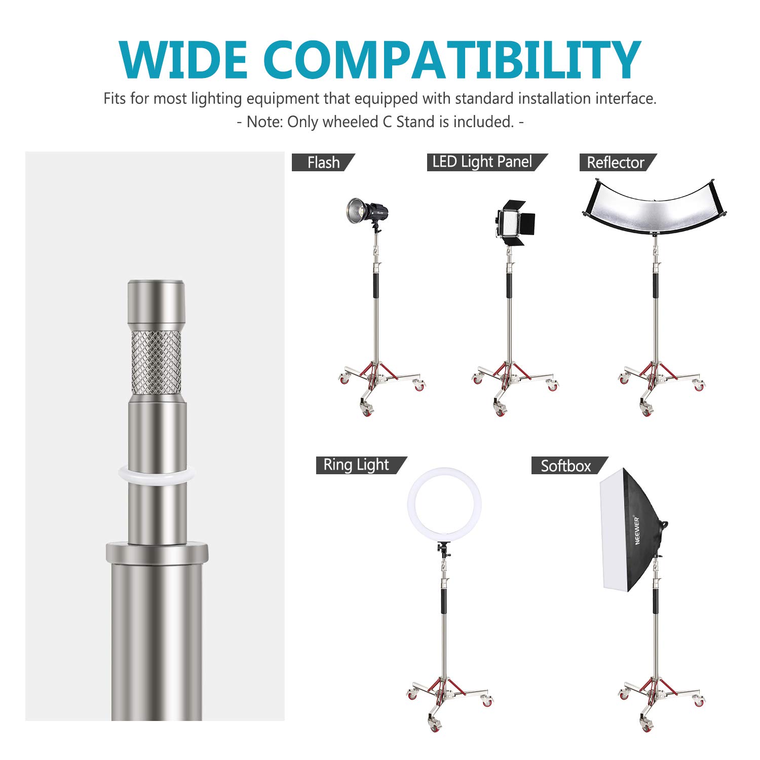 Neewer Heavy Duty Adjustable Light Stand with Wheels - 10ft/305cm Stainless Steel Photography Tripod for Studio Softbox, Monolight, Reflector - Perfect for Photography Studios, Video Production & Live Streaming