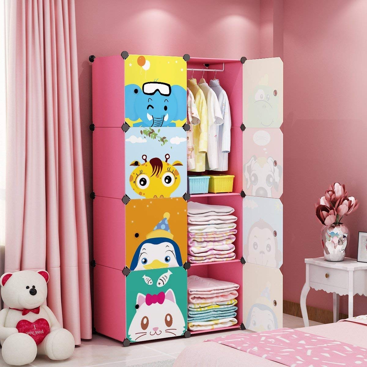 MAGINELS Kids Wardrobe Closet with Door - 8 Cube Storage Organizer for Baby Girl & Children (14x14 Inch, Pink) | Portable Dresser for Bedroom, Nursery & Playroom Clothes Organization