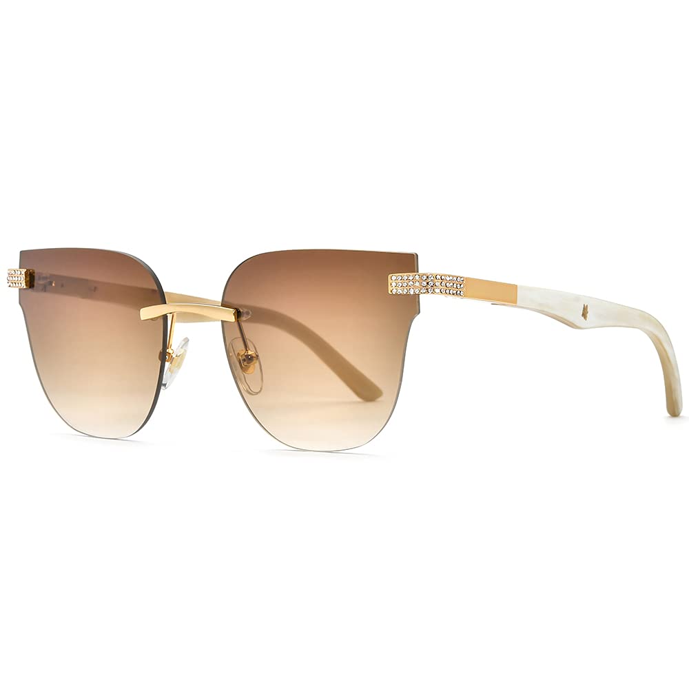 100% Real Buffalo Horn Handmade Women's Square Rimless Luxury Sunglasses with Diamonds - Fashion UV Protection Eyewear for Outdoor, Beach & Driving