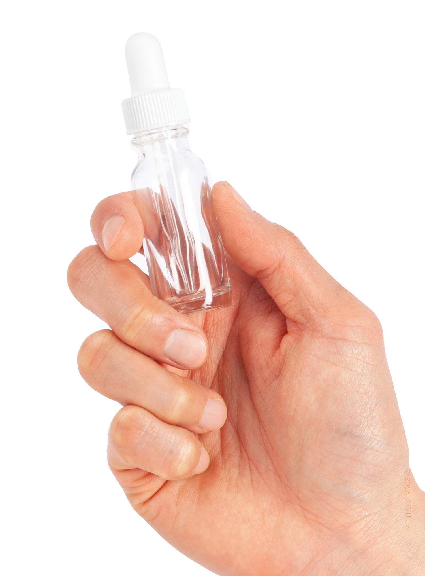 JUVITUS 0.5 oz / 15 ml Clear Glass Boston Round Bottle with White Dropper (6 Pack) + Funnel - Perfect for Essential Oils, DIY Skincare, and Travel-Sized Liquids