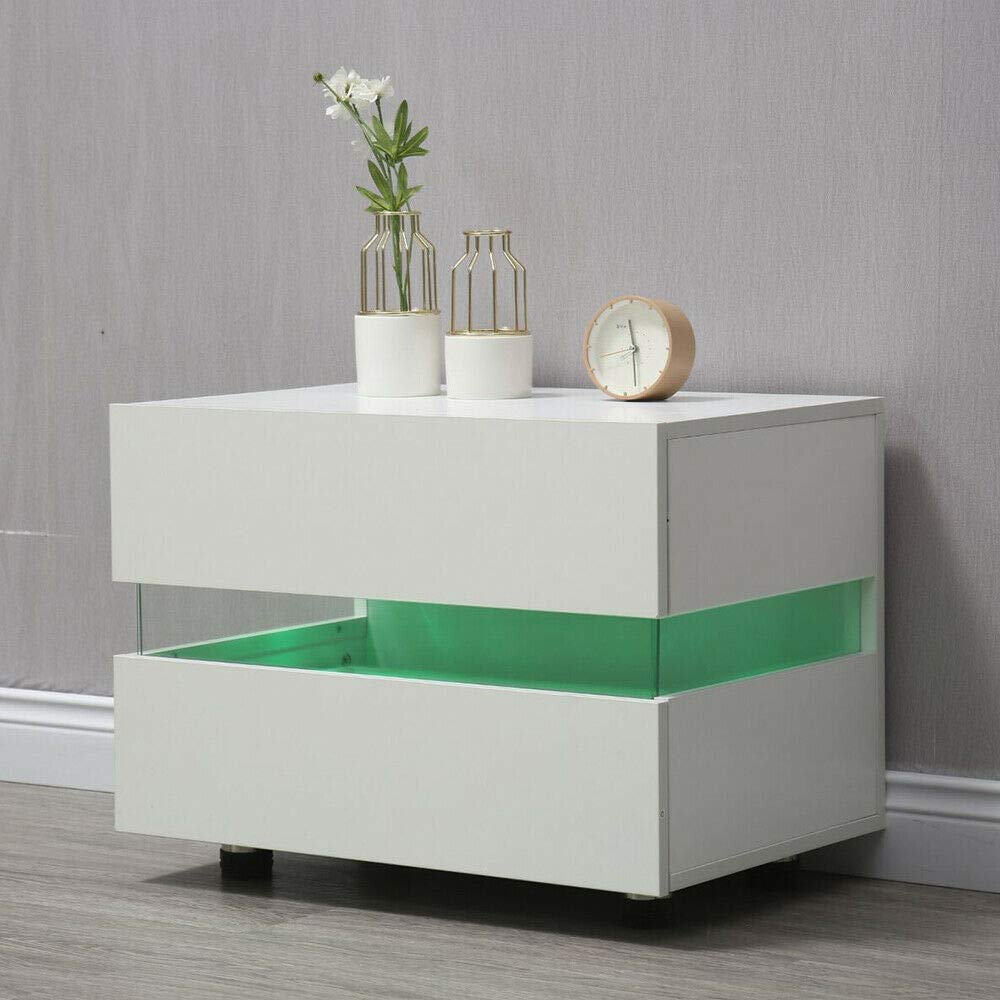 Modern LED Nightstand with 2 Glossy Drawers - Bedside Table, End Table for Living Room & Bedroom - Space-Saving Storage Cabinet for Small Apartments (Perfect for Reading, Charging Devices & Bedroom Organization)