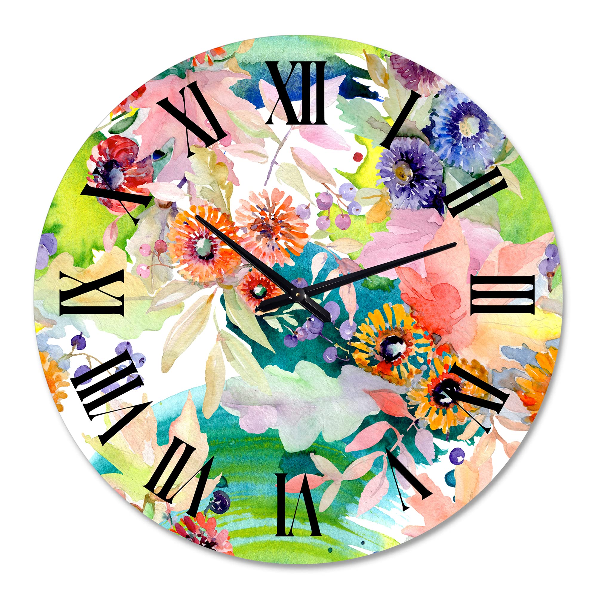 Vibrant Wild Spring Leaves & Wildflowers II - Large Traditional Wall Clock for Home, Office Decor | Floral Botanical Design | Perfect for Living Room, Bedroom & Workspace