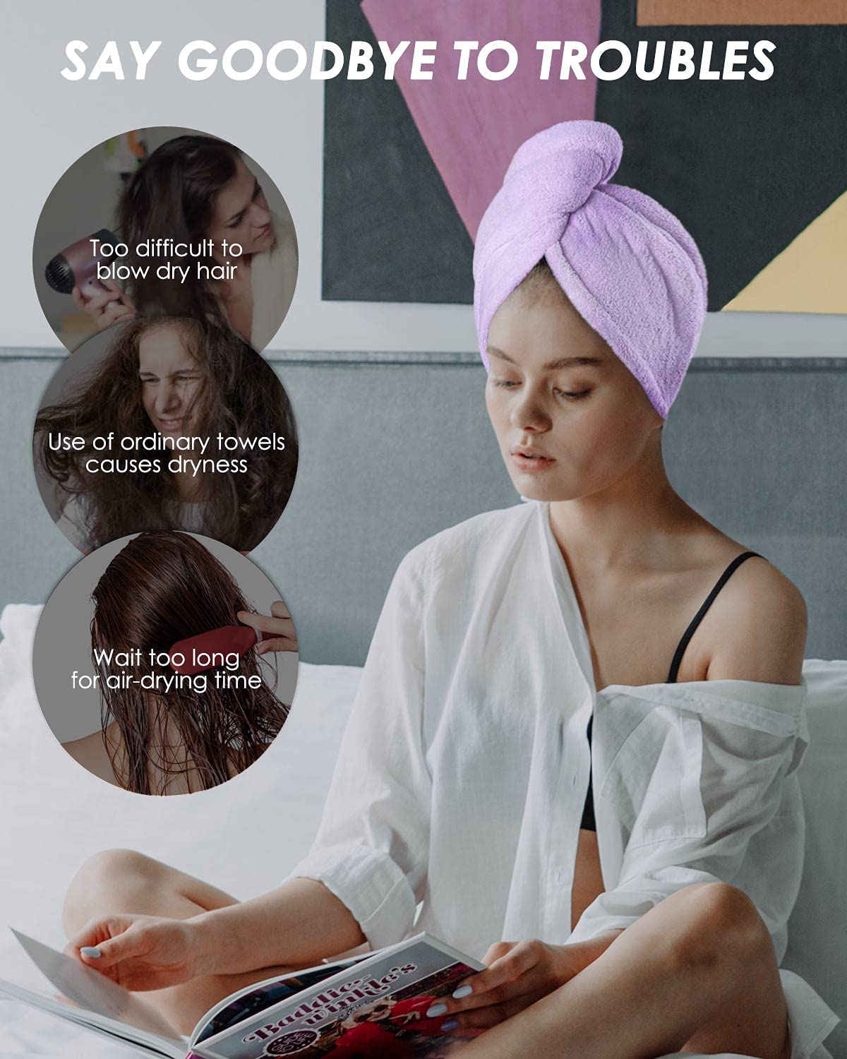 Super Absorbent Microfiber Hair Towel Wrap 3 Pack - Ultra Soft Quick Dry Hair Towel with Button for Women & Men | Perfect for Travel, Beach, Gym, Swimming & Spa | Grey, Pink, Purple Color Options