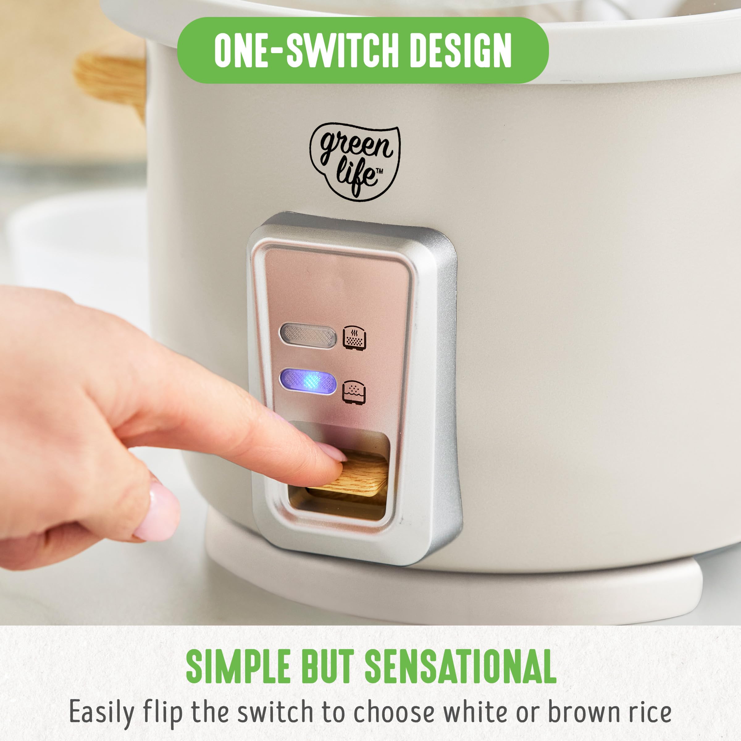 GreenLife 3-Cup Electric Rice Cooker & Steamer - PFAS-Free Nonstick Pot, Auto Presets, Wood Handle, Dishwasher Safe - Perfect for Small Kitchens, Dorm Rooms & Meal Prep (Includes Measuring Cup & Rice Paddle)