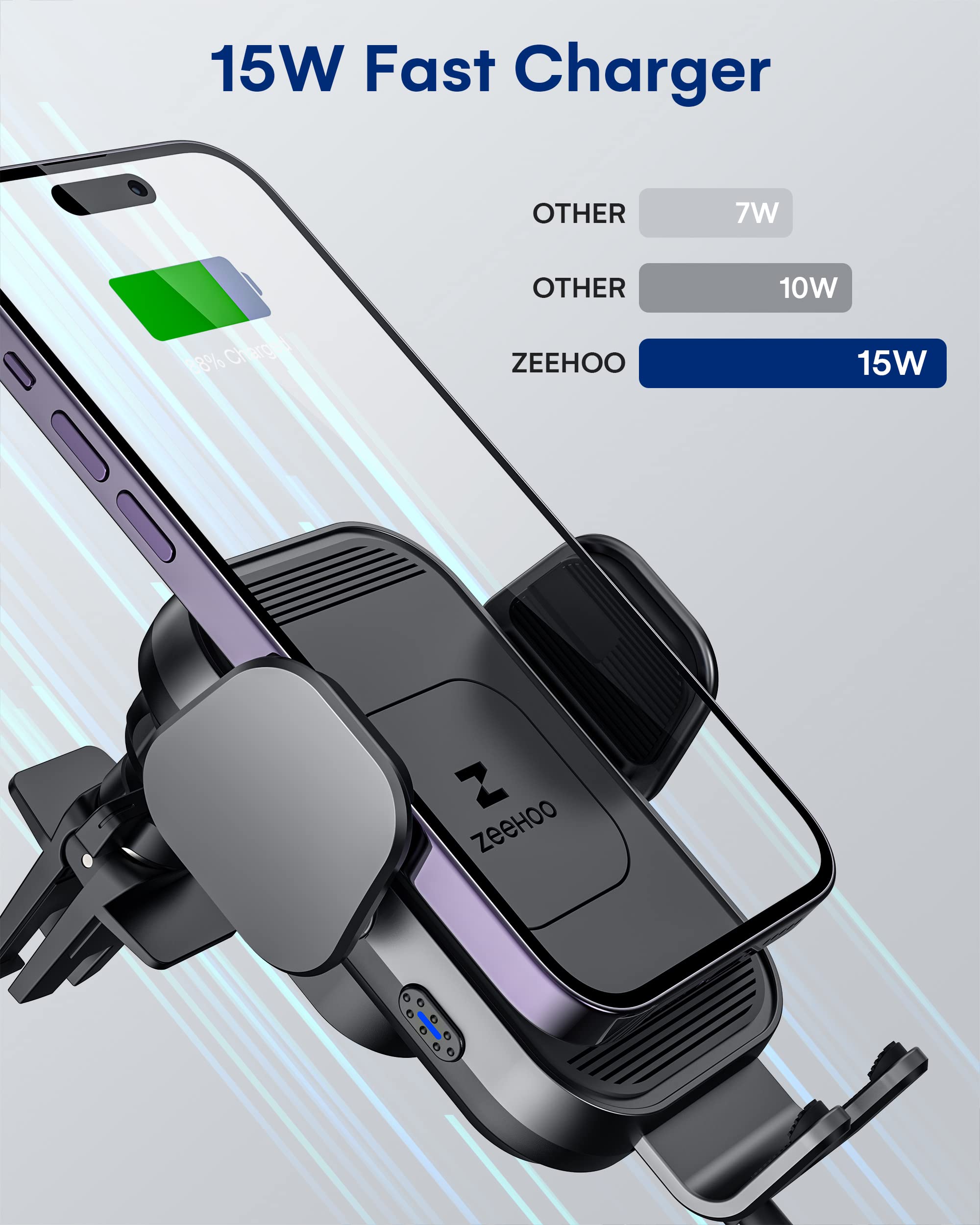 ZEEHOO 15W Fast Wireless Car Charger - Auto Clamping Phone Mount Holder for iPhone 15/14/13/12/11 Pro Max/XS & Samsung Galaxy S23+/S22 (Grey) | Secure Charging While Driving, Perfect for Commuters & Road Trips