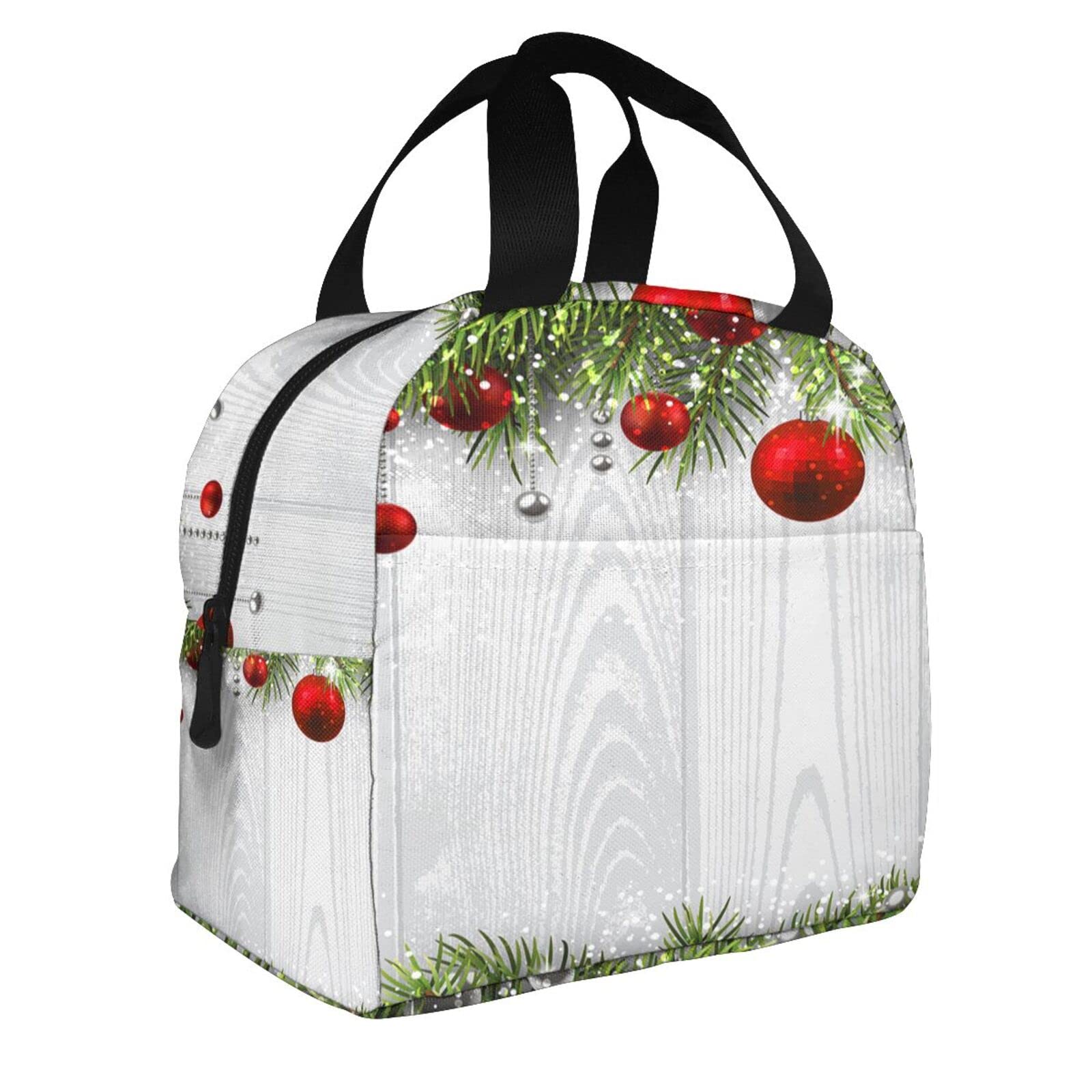 Wozukia Christmas Portable Insulated Lunch Bag - Classic Holiday Ornaments & Pine Tree Tinsel Print Tote - Leakproof Cooler Bag for Work, Travel, Picnic - Perfect for Office Lunches, Holiday Parties & Outdoor Adventures