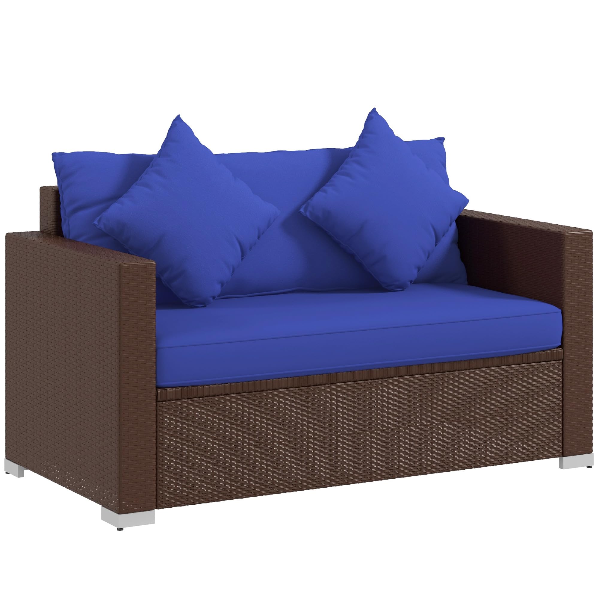 Outsunny 2-Seat Outdoor PE Rattan Loveseat with Cushions & Throw Pillows - Blue Wicker Patio Sofa for Porch, Backyard, Garden, Poolside - Perfect for Relaxing, Lounging & Entertaining Guests